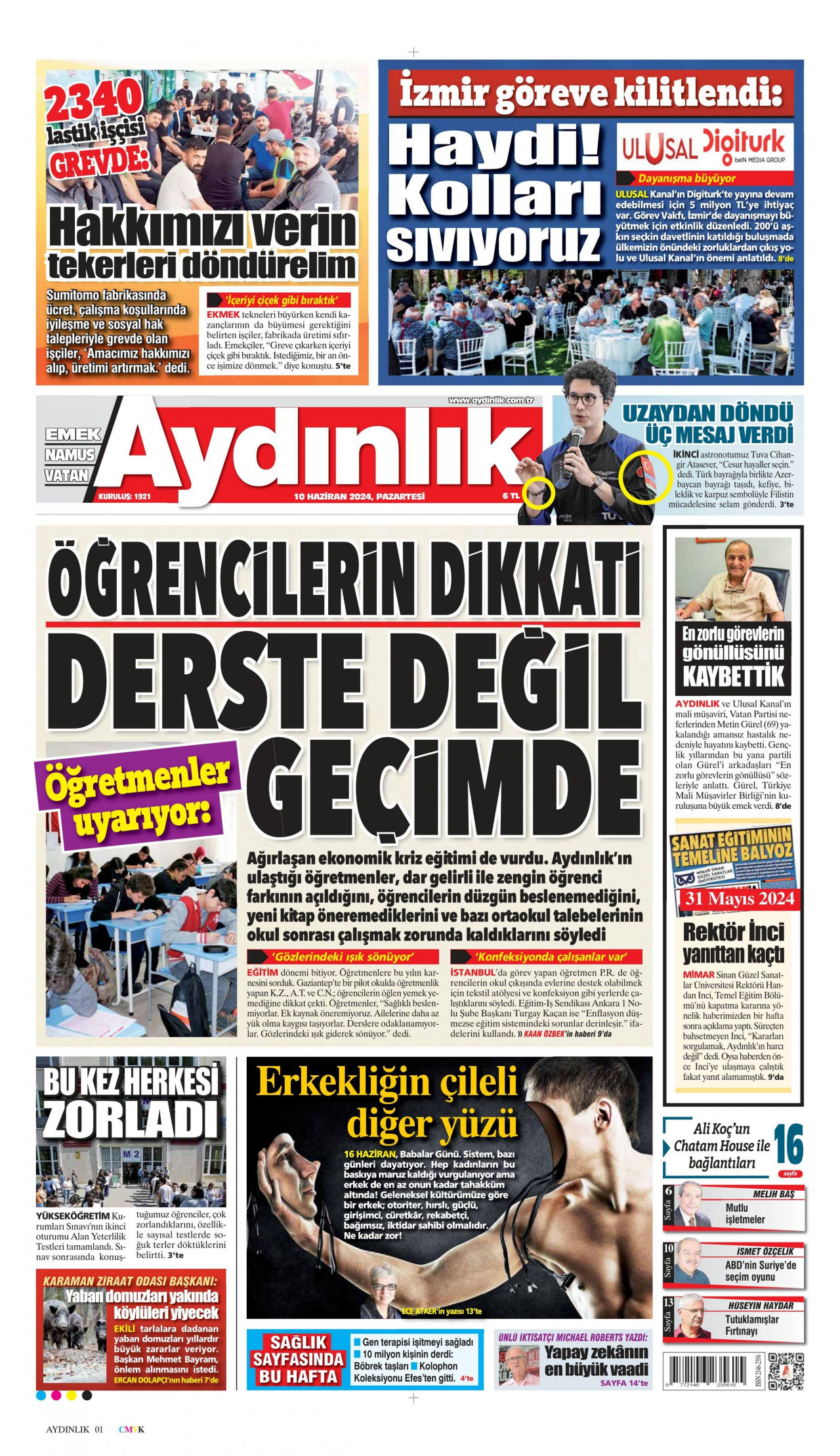 AYDINLIK GAZETESİ gazetesinin 10 Haziran 2024 tarihli birinci sayfası