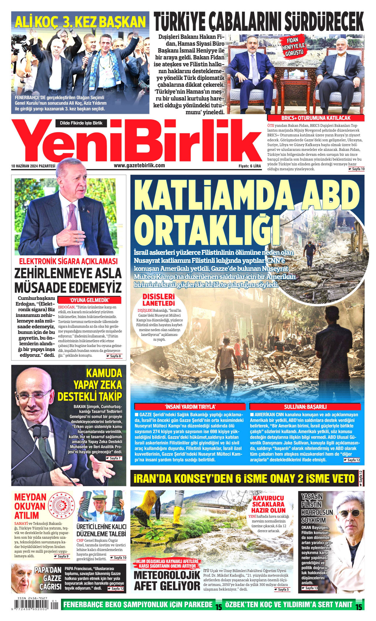 YENİBİRLİK gazetesinin 10 Haziran 2024 tarihli birinci sayfası