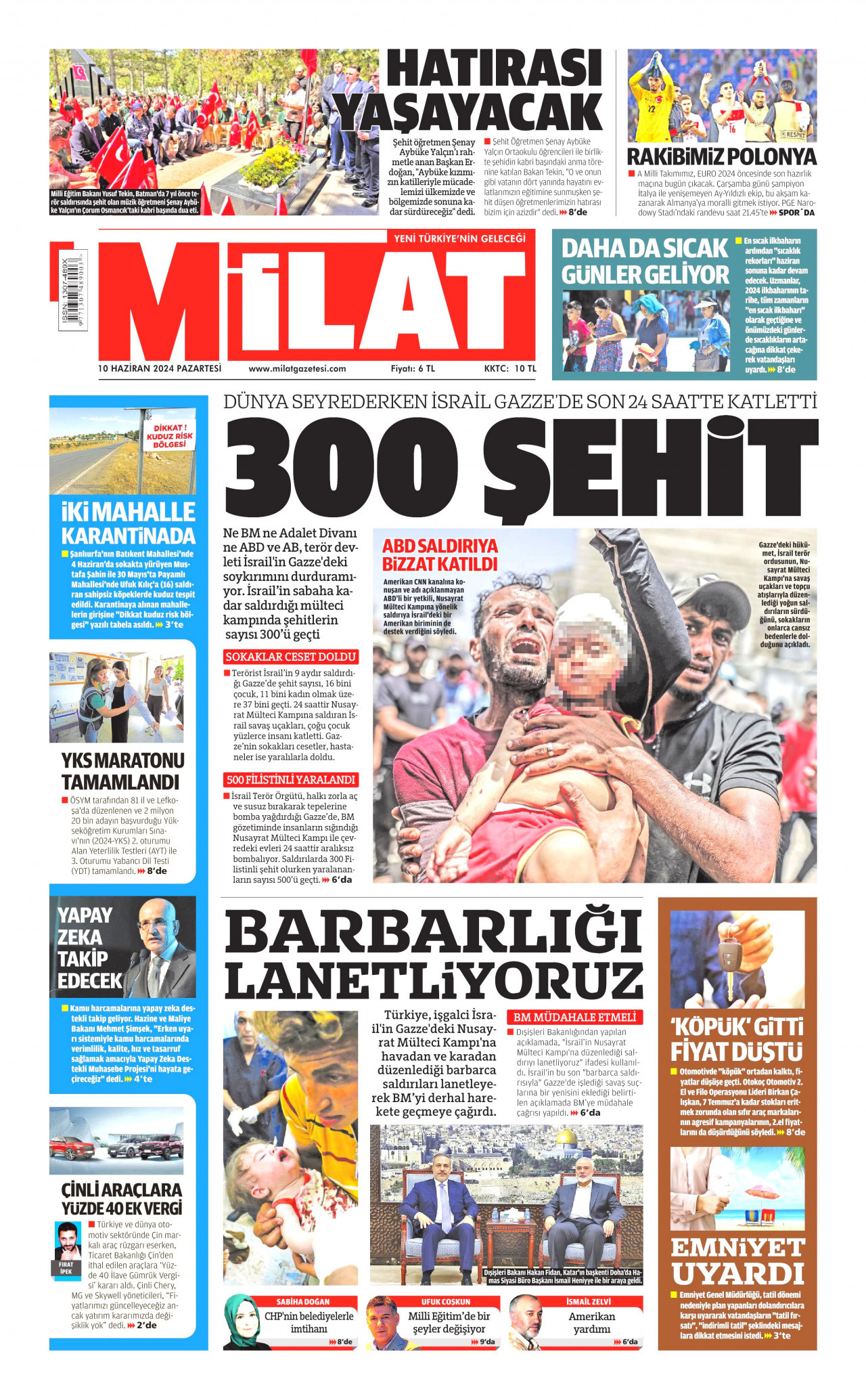 MİLAT gazetesinin 10 Haziran 2024 tarihli birinci sayfası