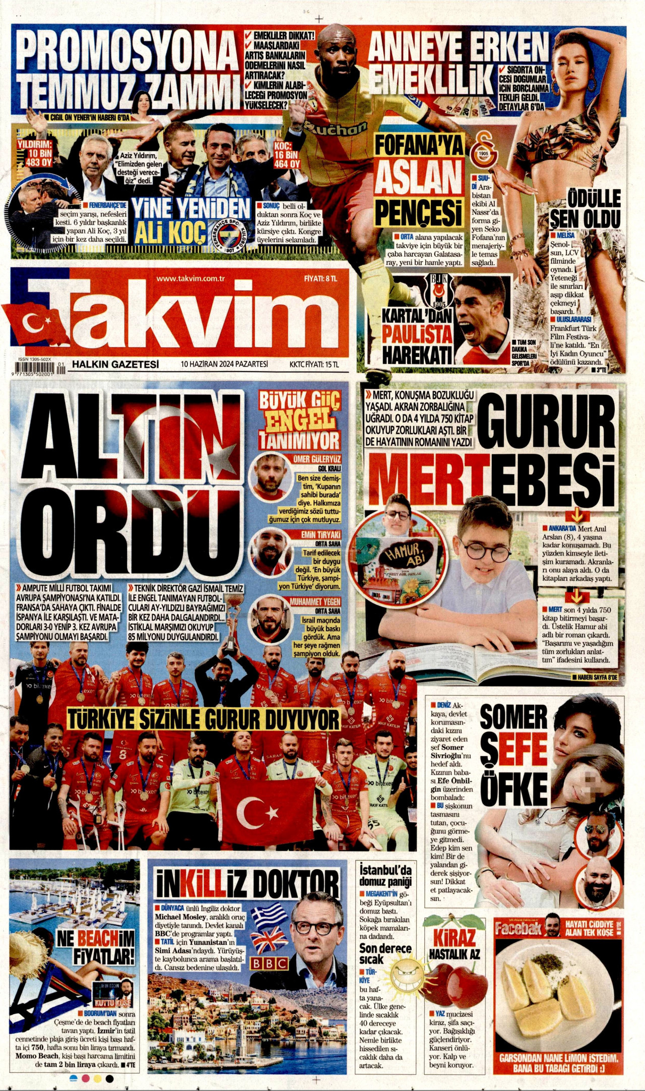 TAKVİM gazetesinin 10 Haziran 2024 tarihli birinci sayfası