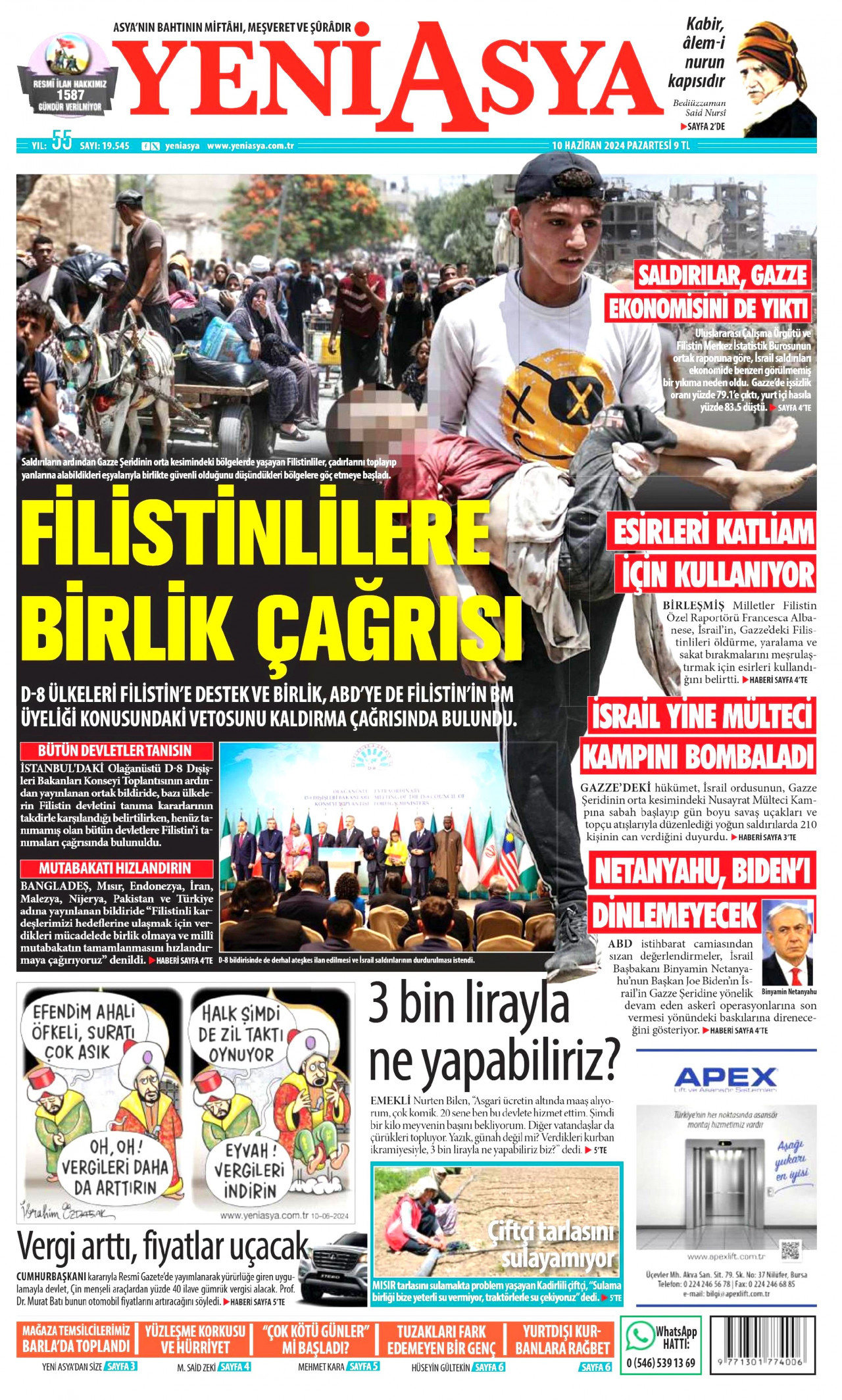 YENİ ASYA gazetesinin 10 Haziran 2024 tarihli birinci sayfası