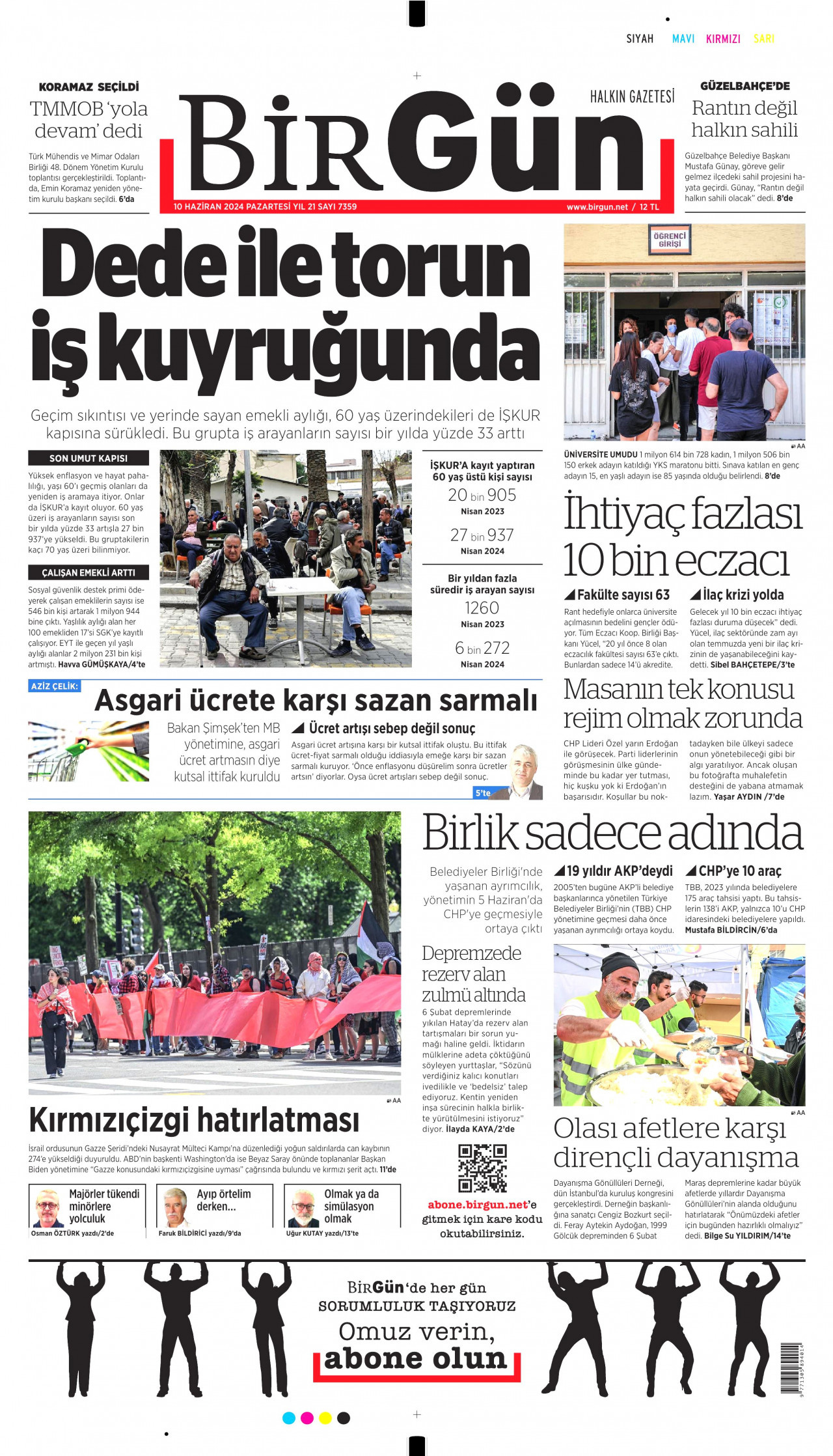 BİRGÜN gazetesinin 10 Haziran 2024 tarihli birinci sayfası