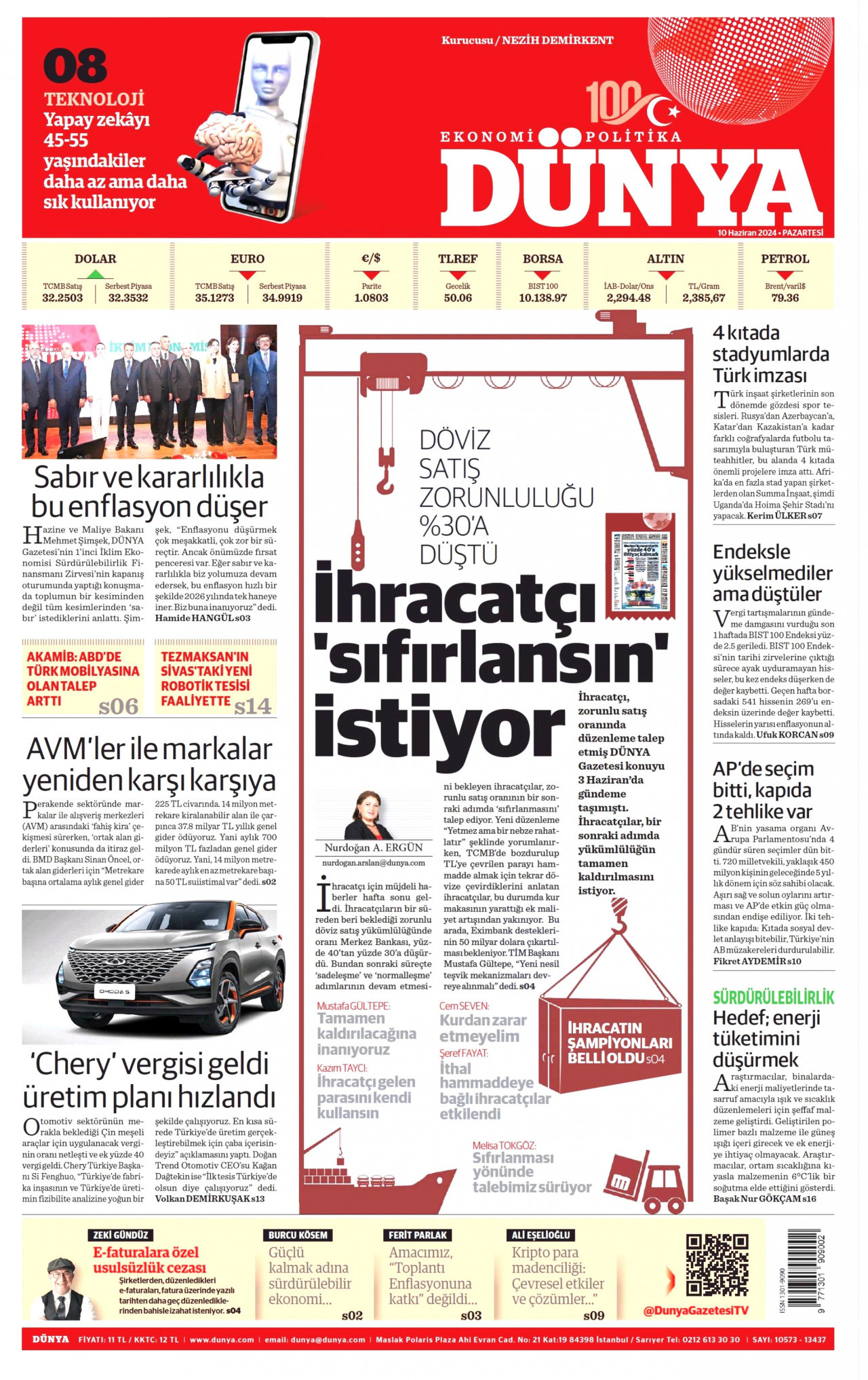 DÜNYA gazetesinin 10 Haziran 2024 tarihli birinci sayfası