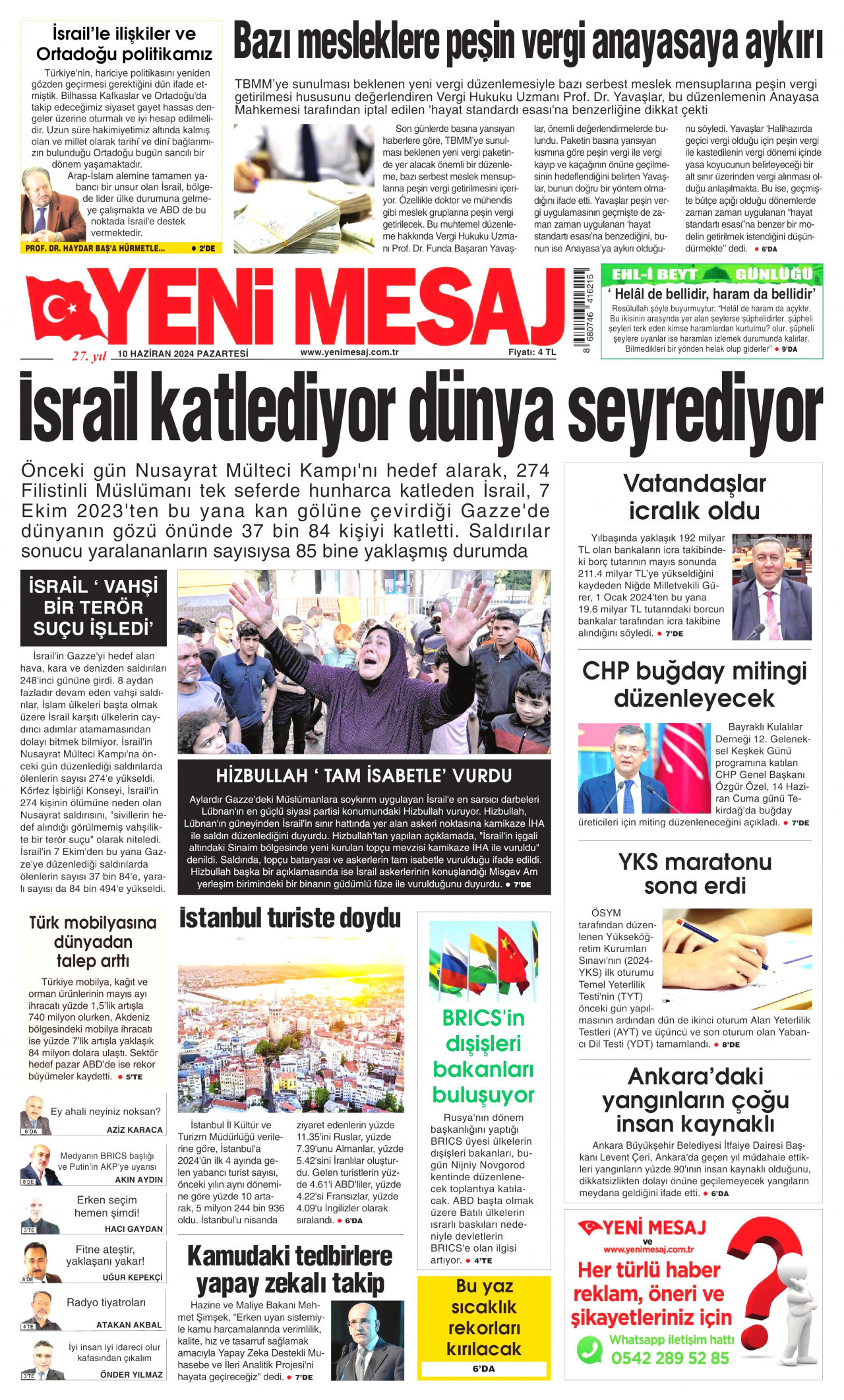 YENİ MESAJ gazetesinin 10 Haziran 2024 tarihli birinci sayfası