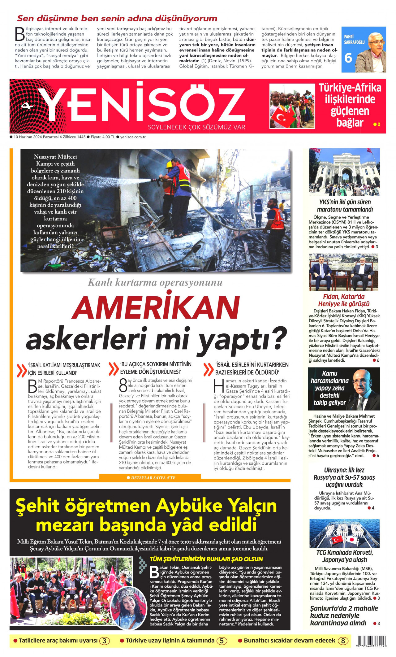 YENİ SÖZ GAZETESİ gazetesinin 10 Haziran 2024 tarihli birinci sayfası