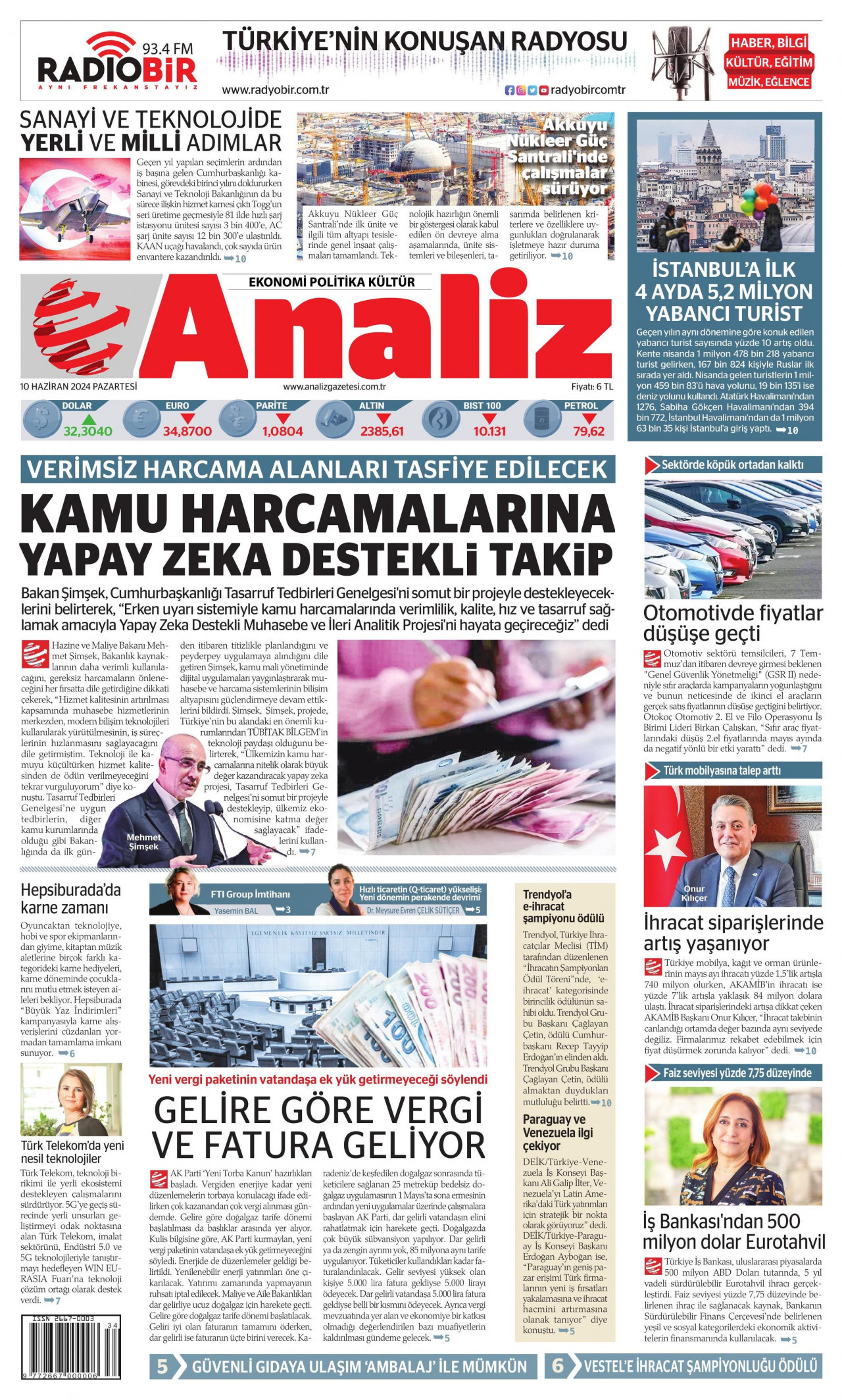 ANALİZ gazetesinin 10 Haziran 2024 tarihli birinci sayfası