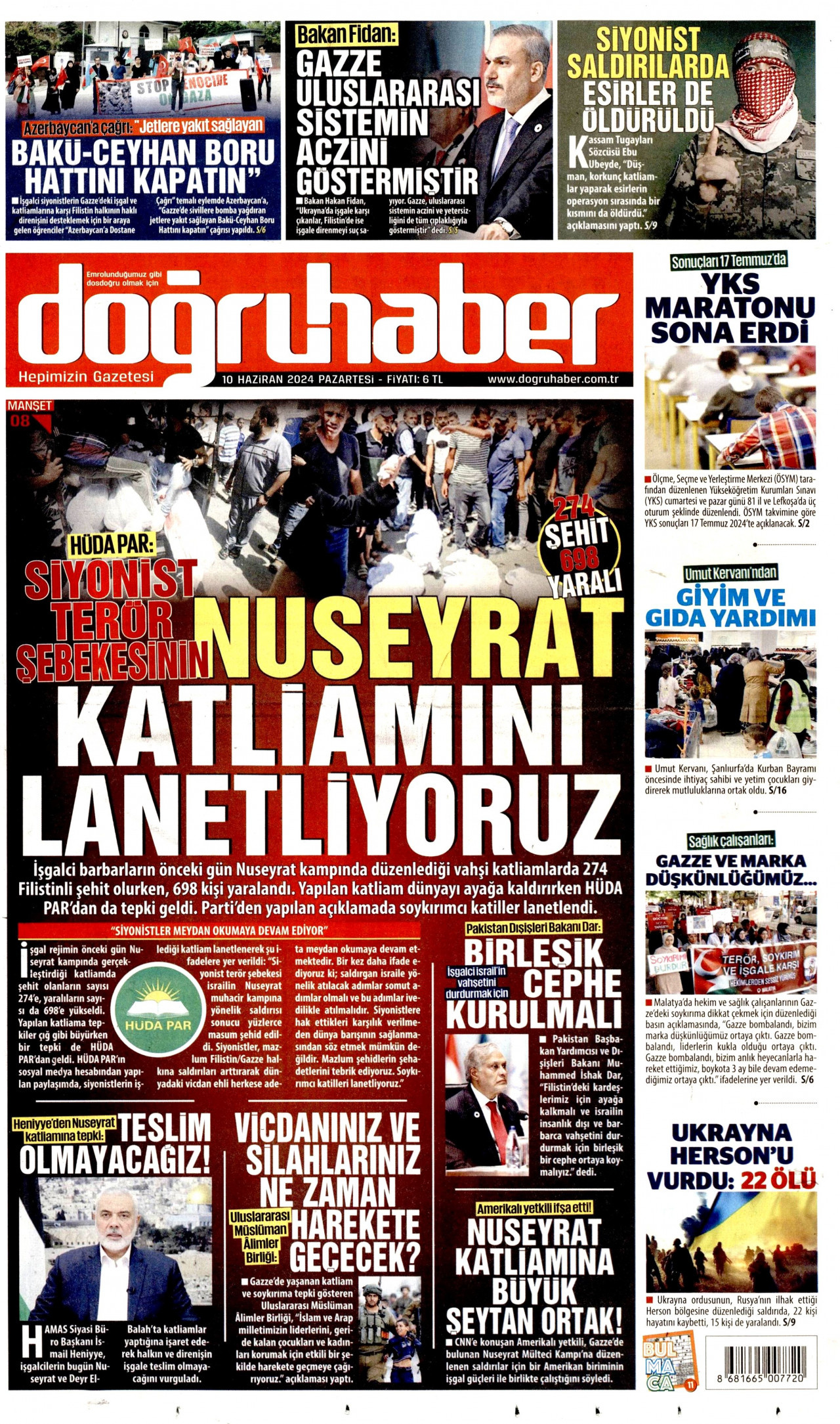 DOĞRU HABER gazetesinin 10 Haziran 2024 tarihli birinci sayfası