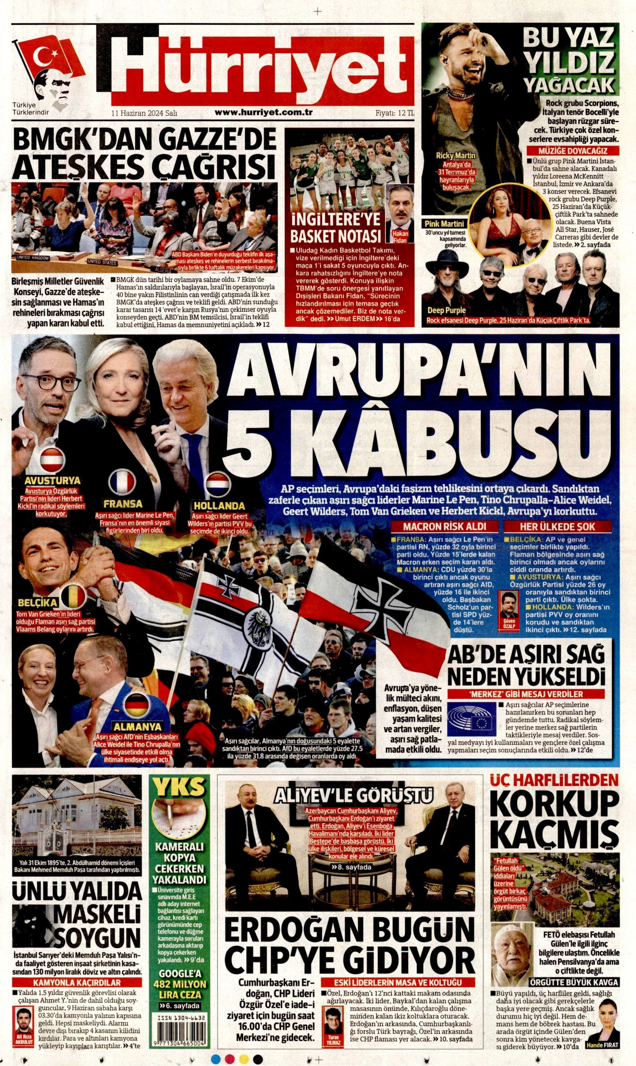 HÜRRİYET gazetesinin 11 Haziran 2024 tarihli birinci sayfası