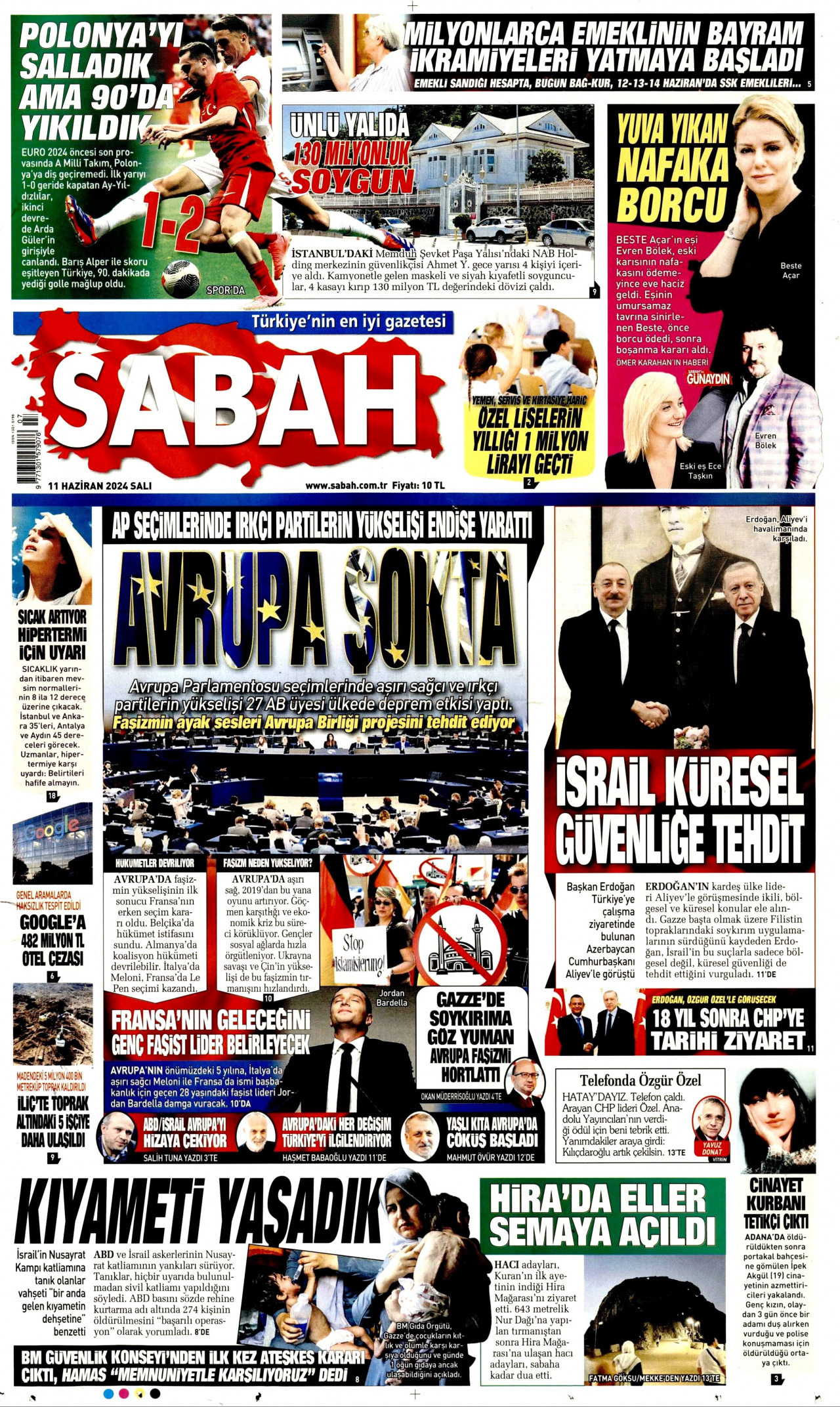 SABAH gazetesinin 11 Haziran 2024 tarihli birinci sayfası