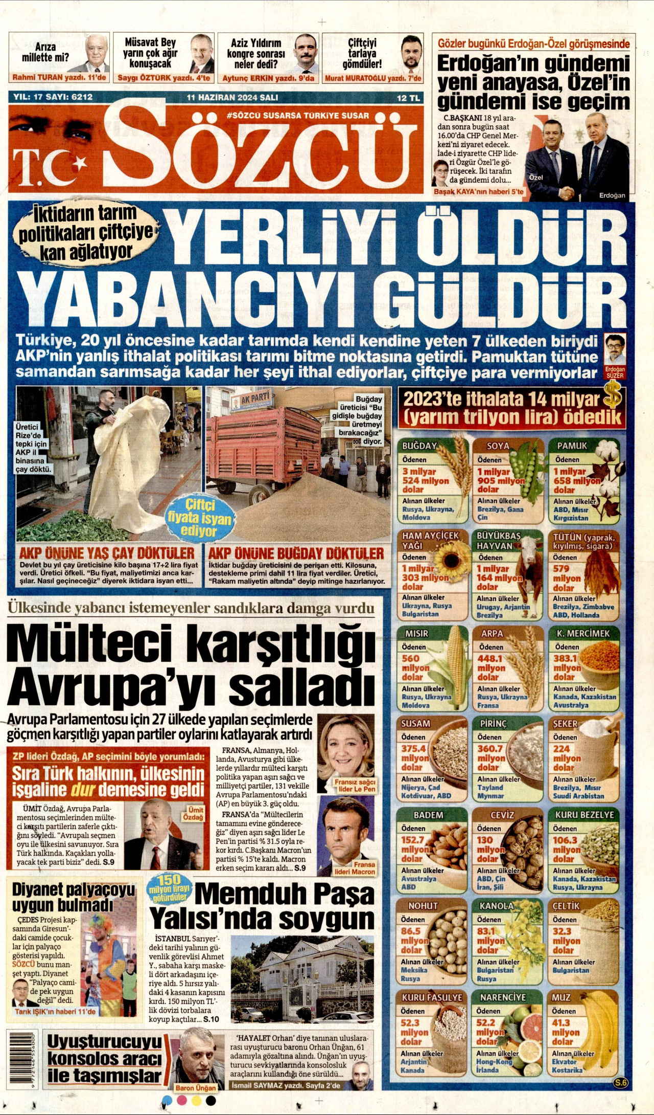 SÖZCÜ gazetesinin 11 Haziran 2024 tarihli birinci sayfası