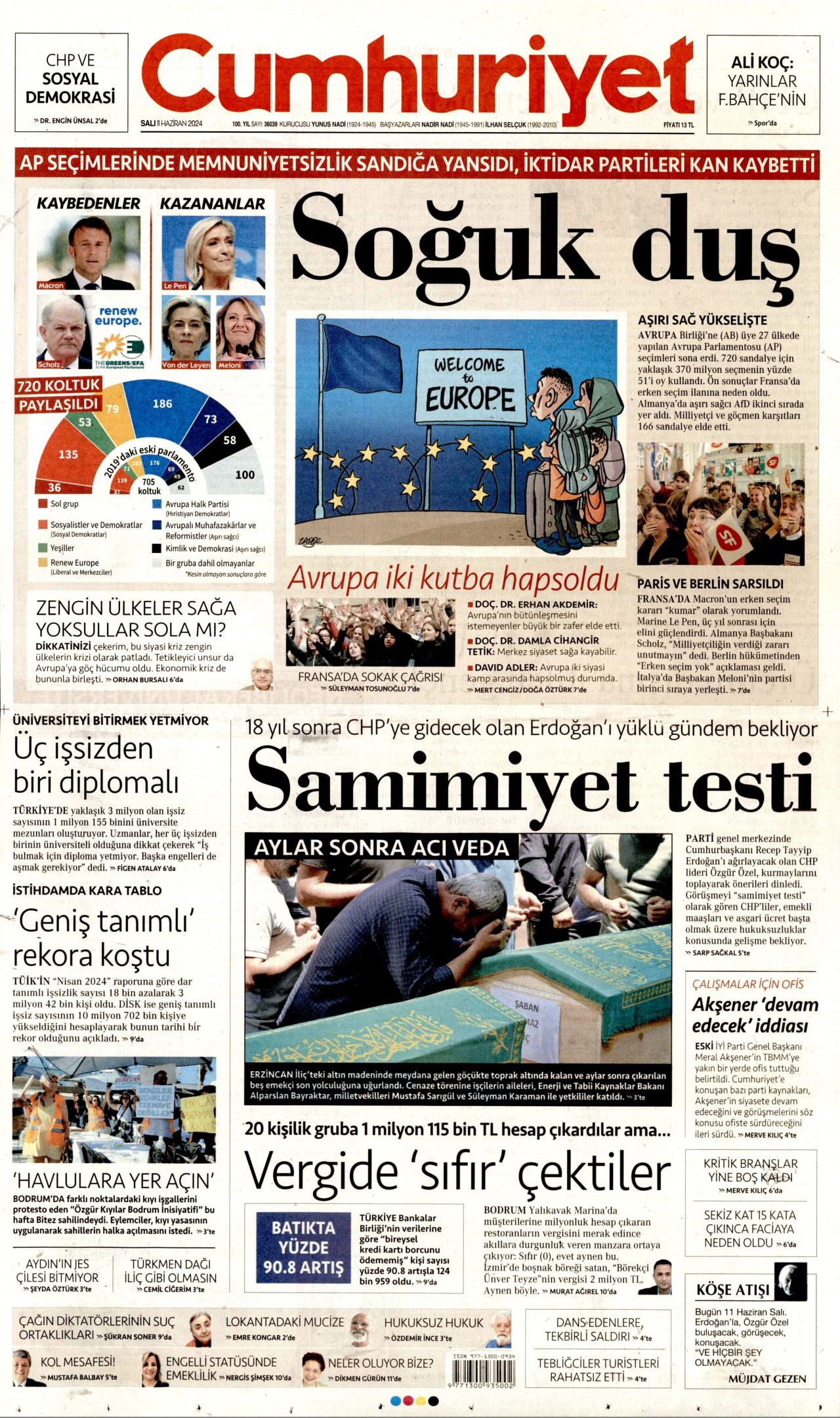 CUMHURİYET gazetesinin 11 Haziran 2024 tarihli birinci sayfası