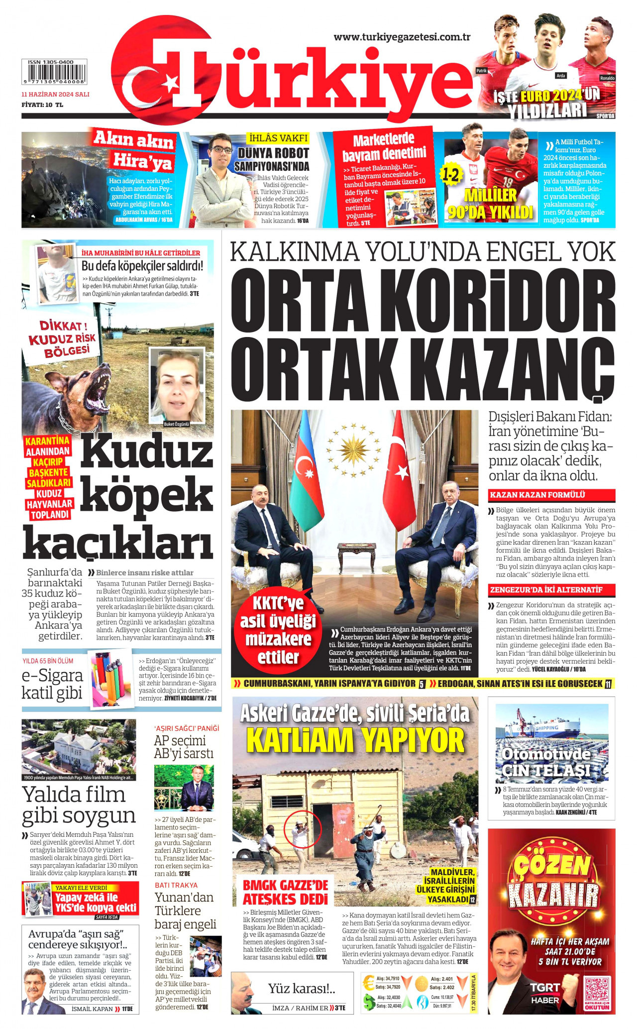 TÜRKİYE GAZETESİ gazetesinin 11 Haziran 2024 tarihli birinci sayfası