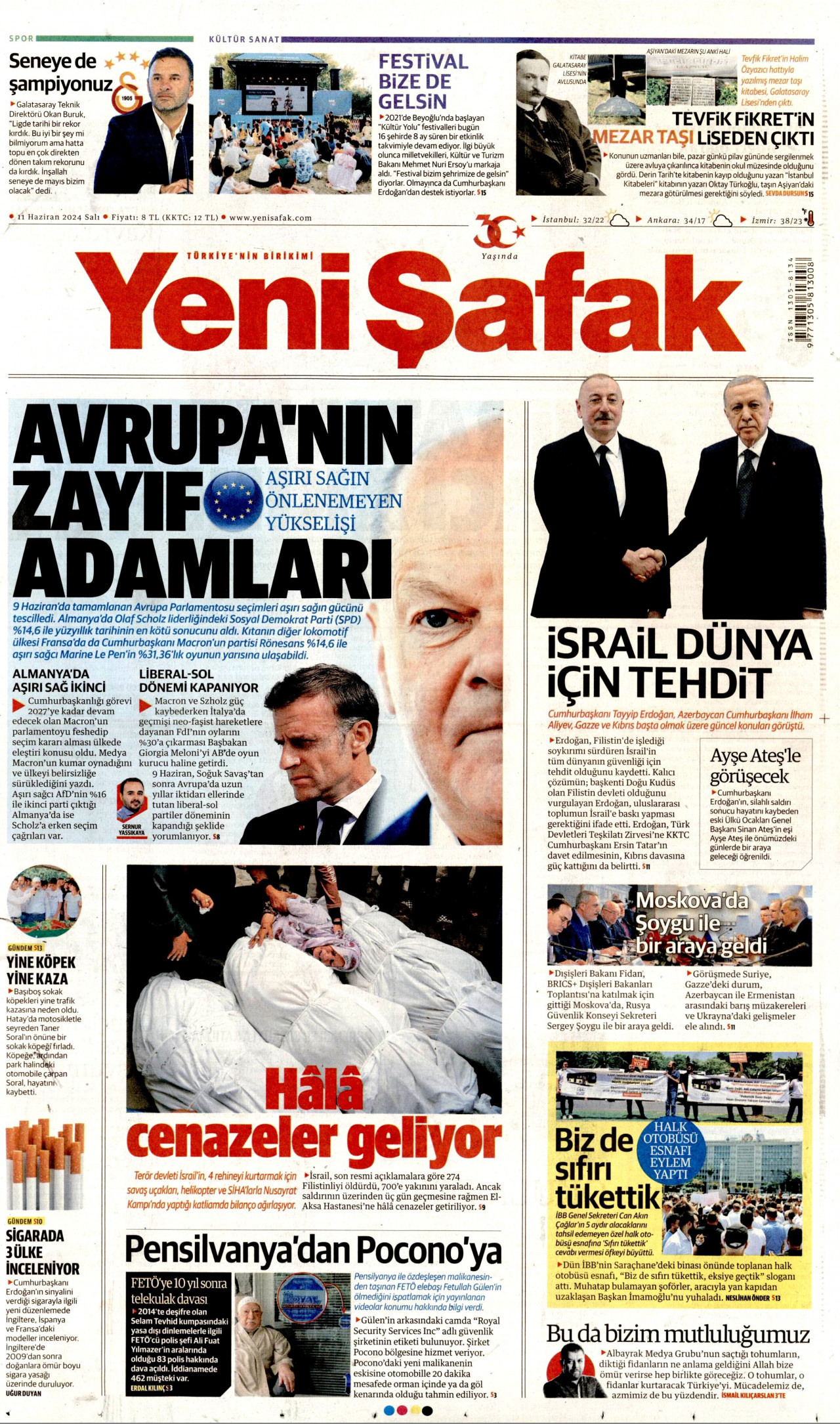 YENİ ŞAFAK gazetesinin 11 Haziran 2024 tarihli birinci sayfası