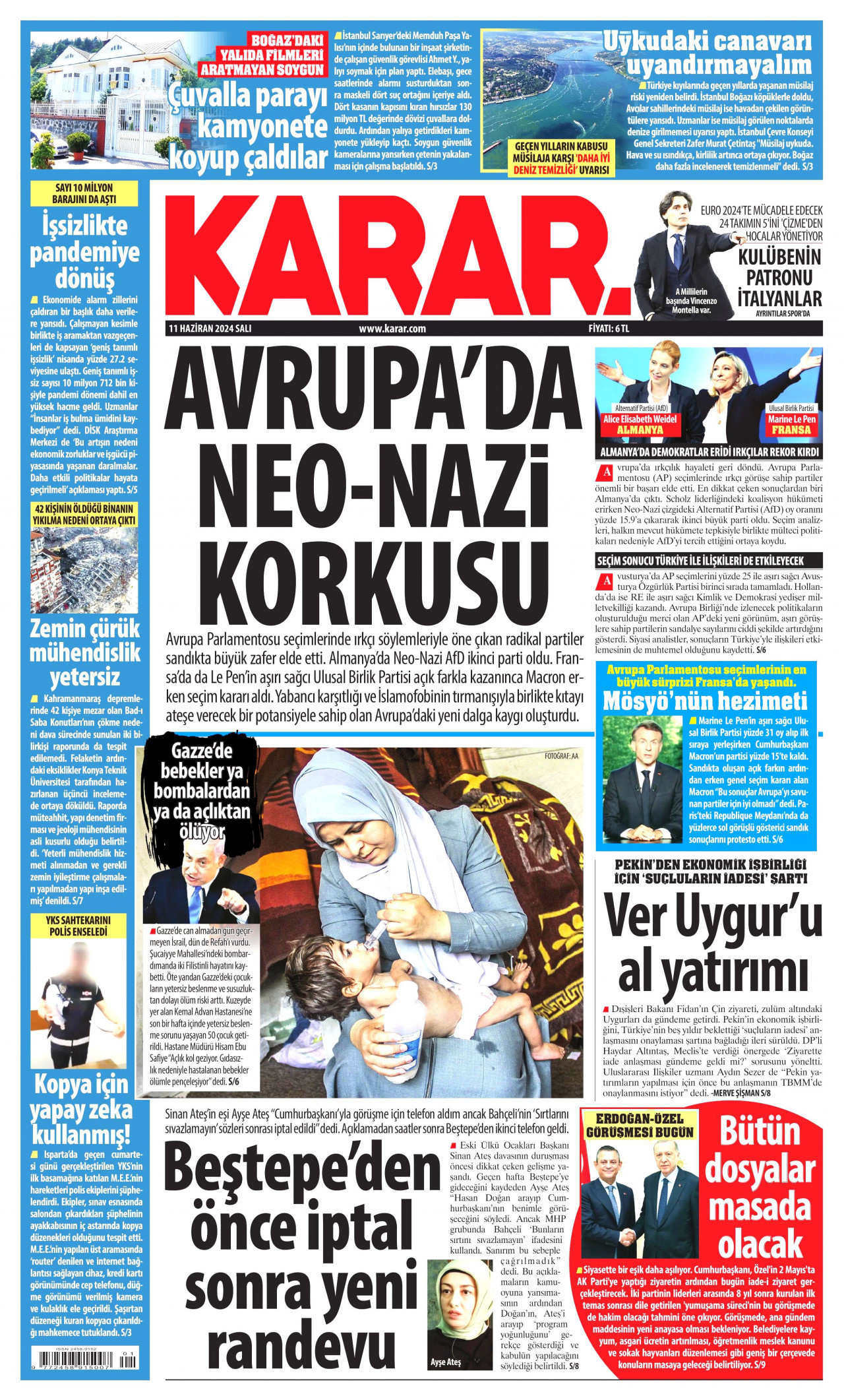 KARAR gazetesinin 11 Haziran 2024 tarihli birinci sayfası