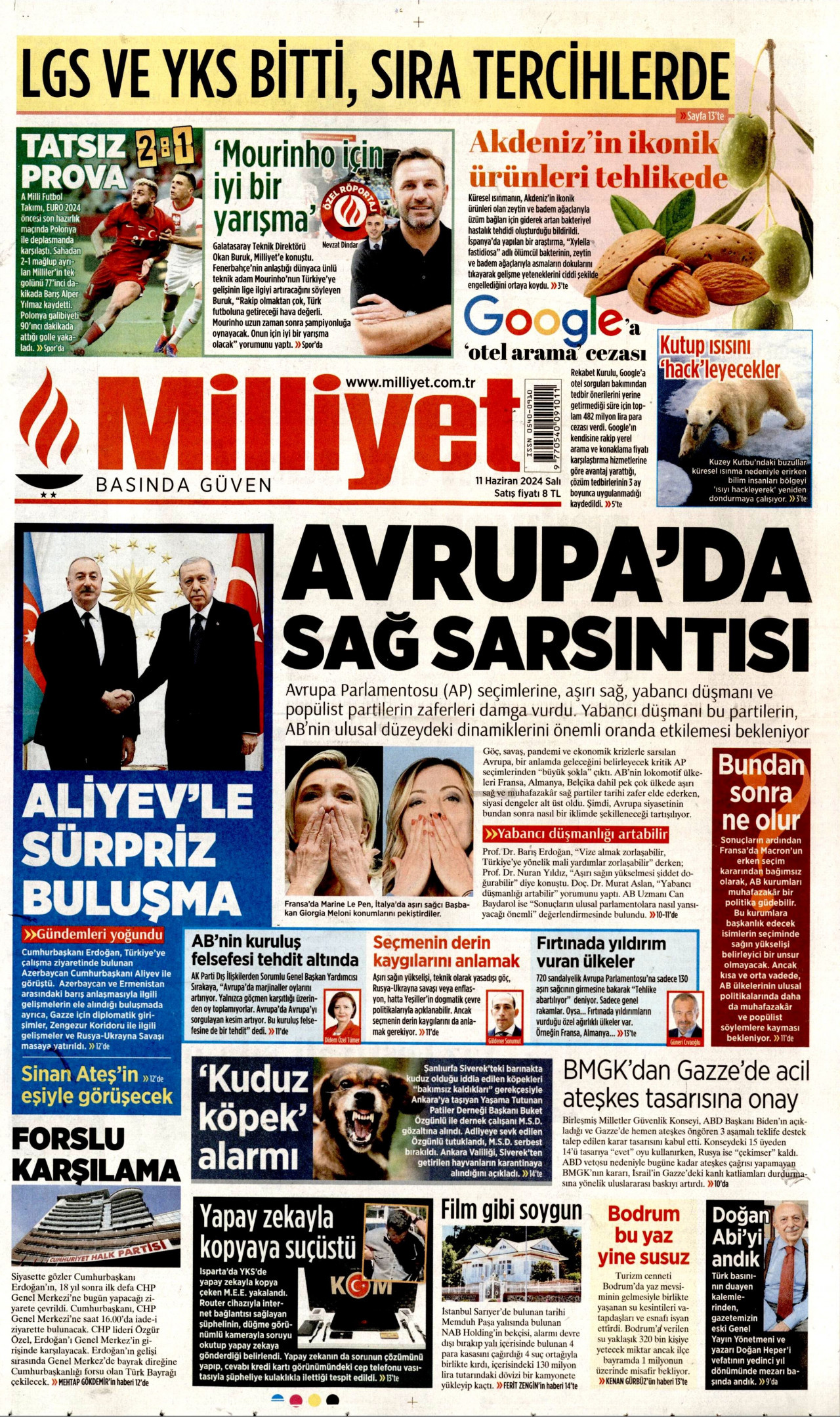 MİLLİYET gazetesinin 11 Haziran 2024 tarihli birinci sayfası