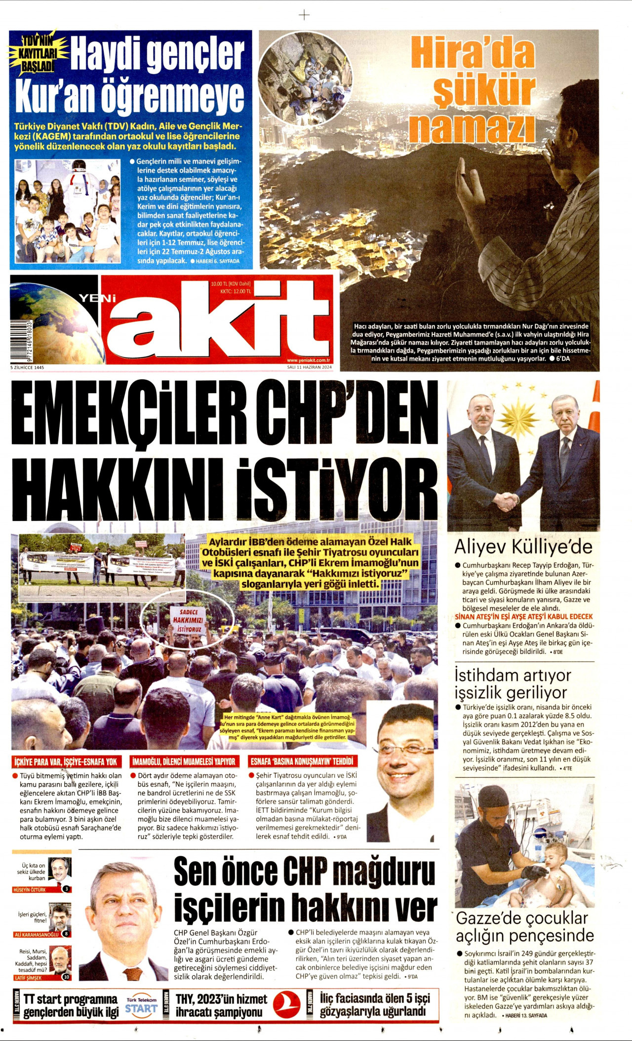 YENİ AKİT gazetesinin 11 Haziran 2024 tarihli birinci sayfası