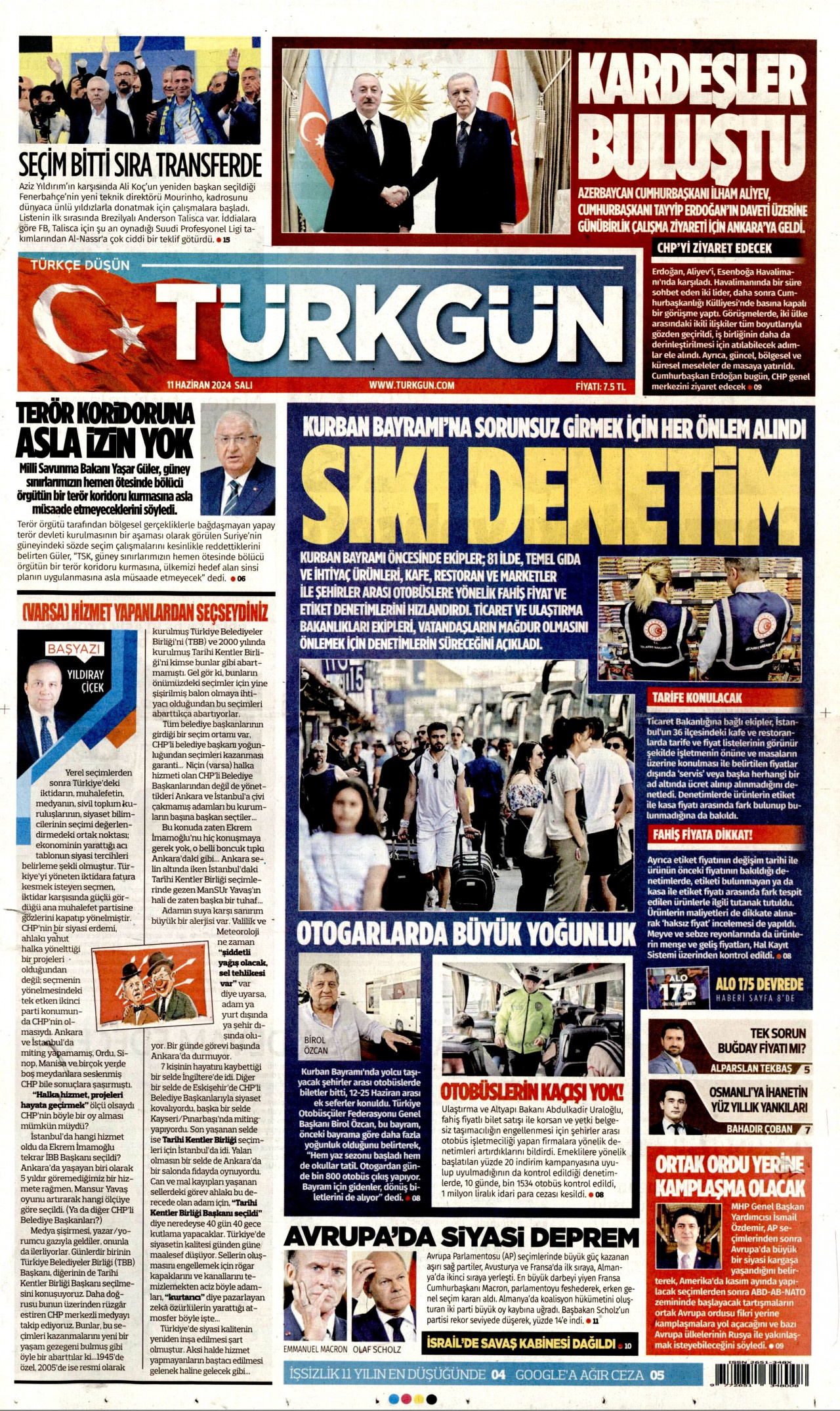 TÜRKGÜN gazetesinin 11 Haziran 2024 tarihli birinci sayfası