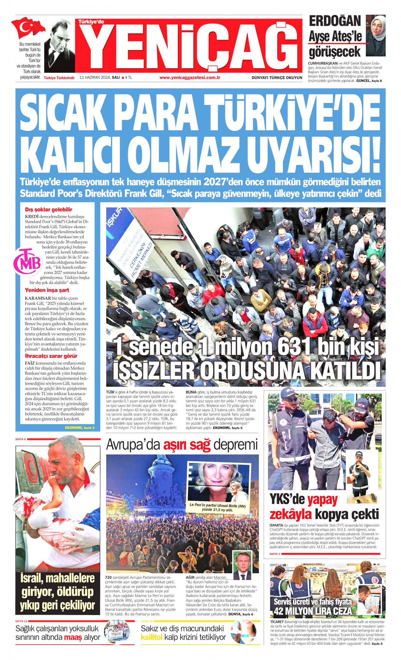 YENİÇAĞ gazetesinin 11 Haziran 2024 tarihli birinci sayfası