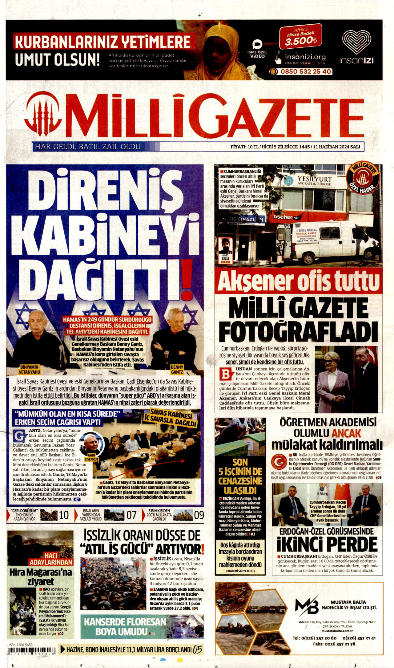 MİLLİ GAZETE gazetesinin 11 Haziran 2024 tarihli birinci sayfası