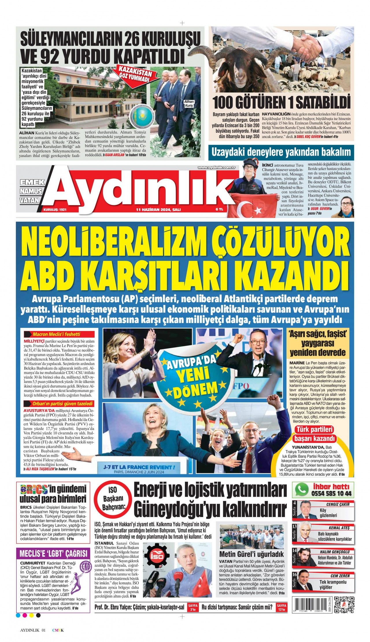 AYDINLIK GAZETESİ gazetesinin 11 Haziran 2024 tarihli birinci sayfası