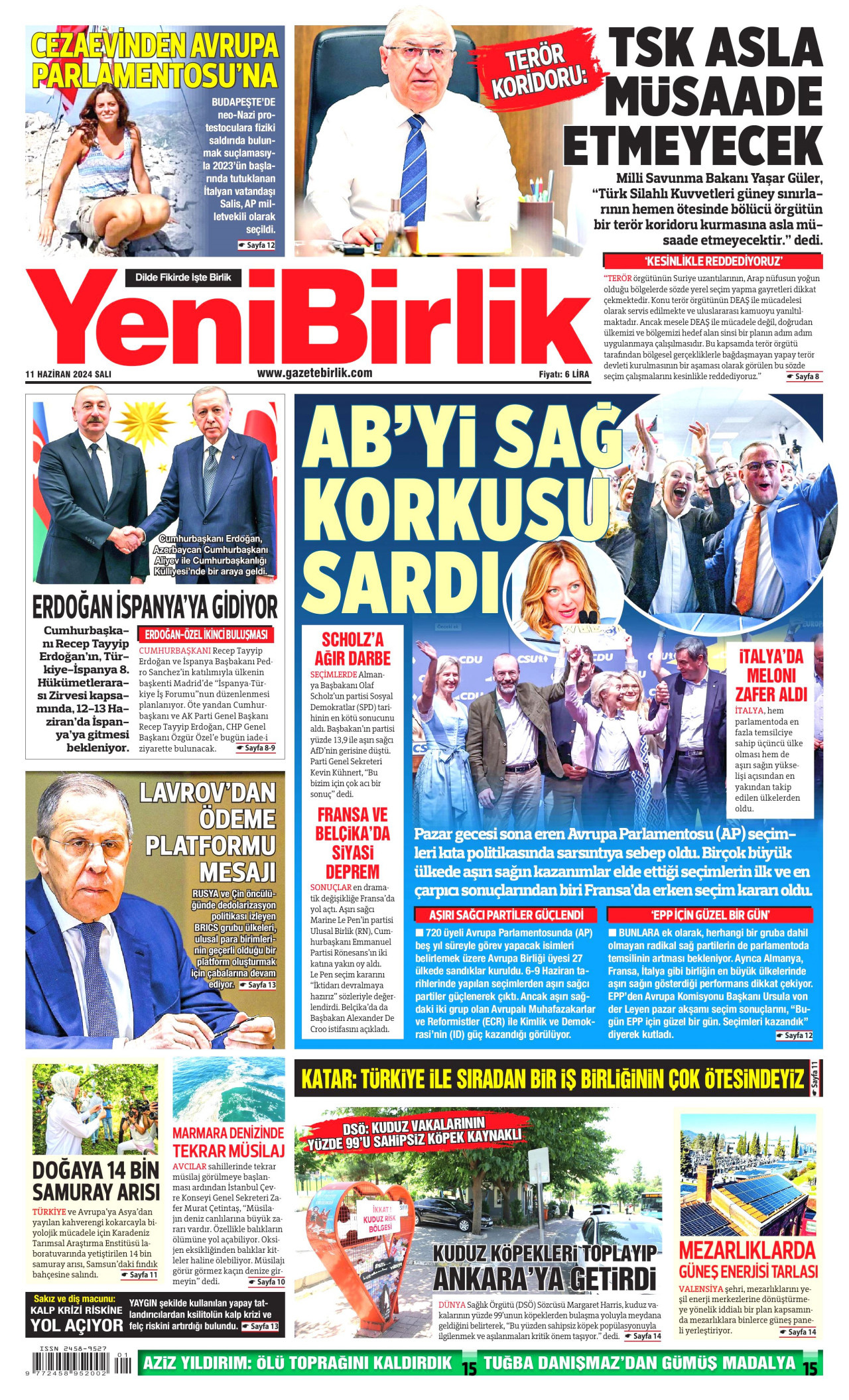 YENİBİRLİK gazetesinin 11 Haziran 2024 tarihli birinci sayfası