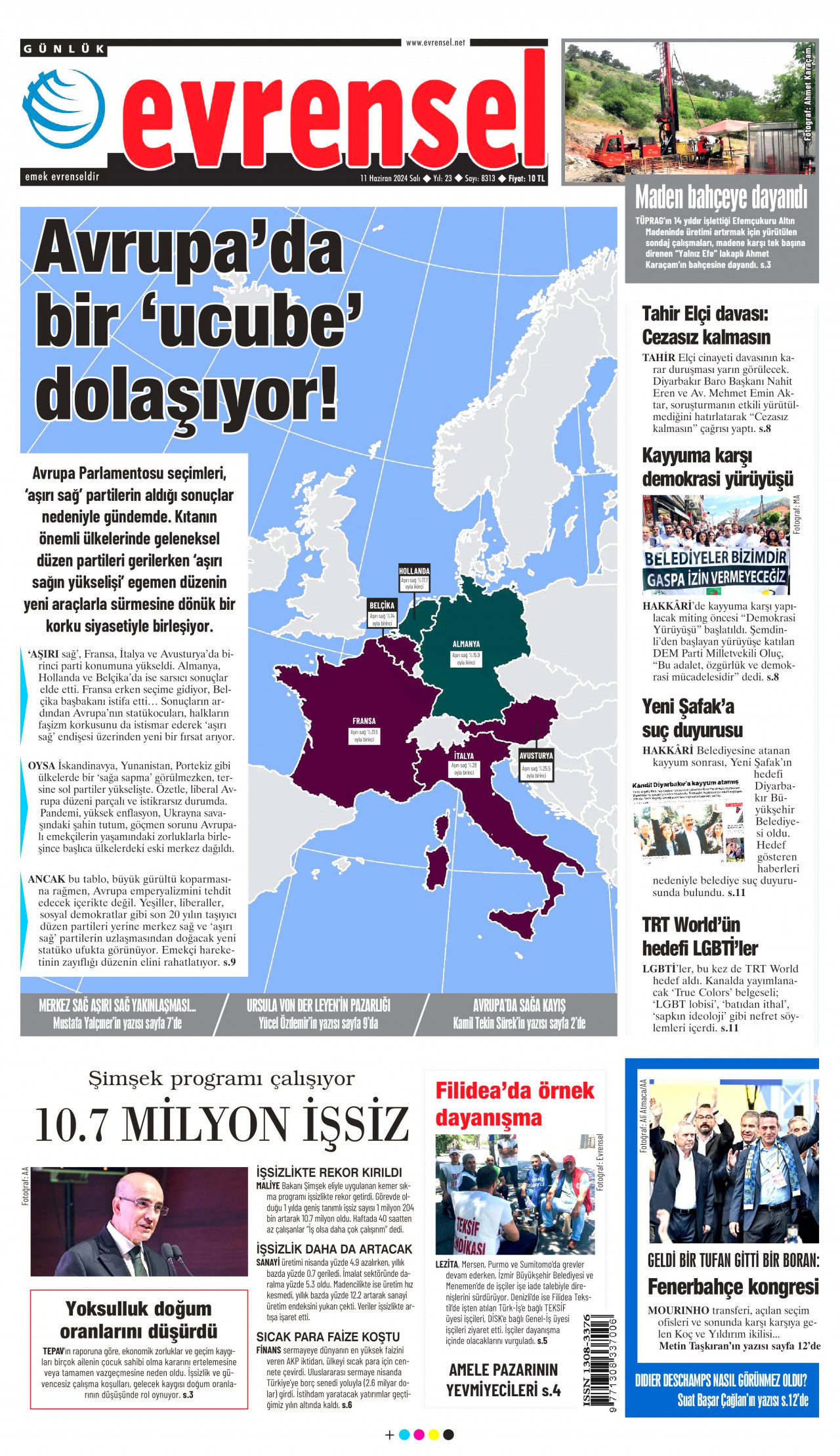 EVRENSEL gazetesinin 11 Haziran 2024 tarihli birinci sayfası