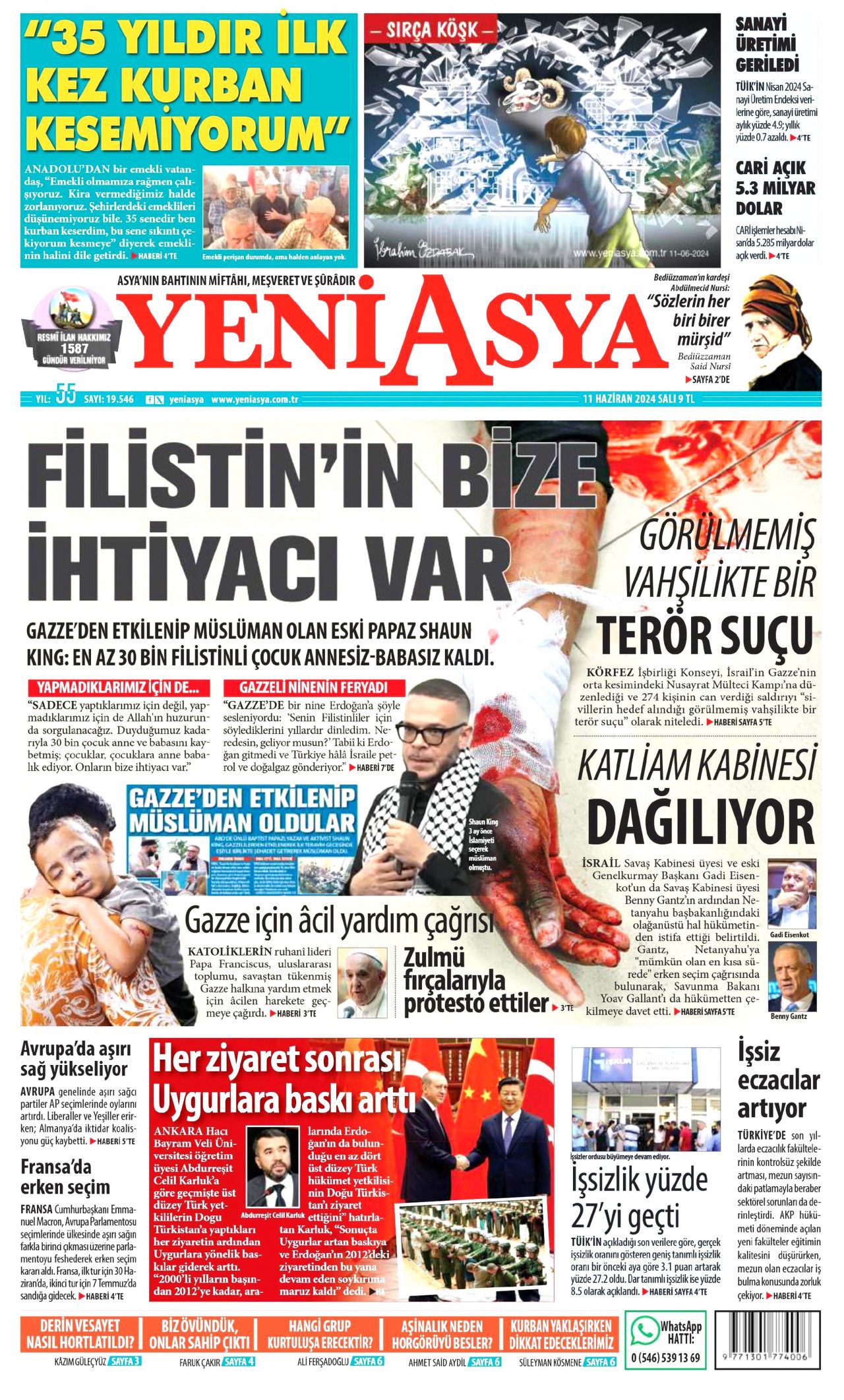 YENİ ASYA gazetesinin 11 Haziran 2024 tarihli birinci sayfası