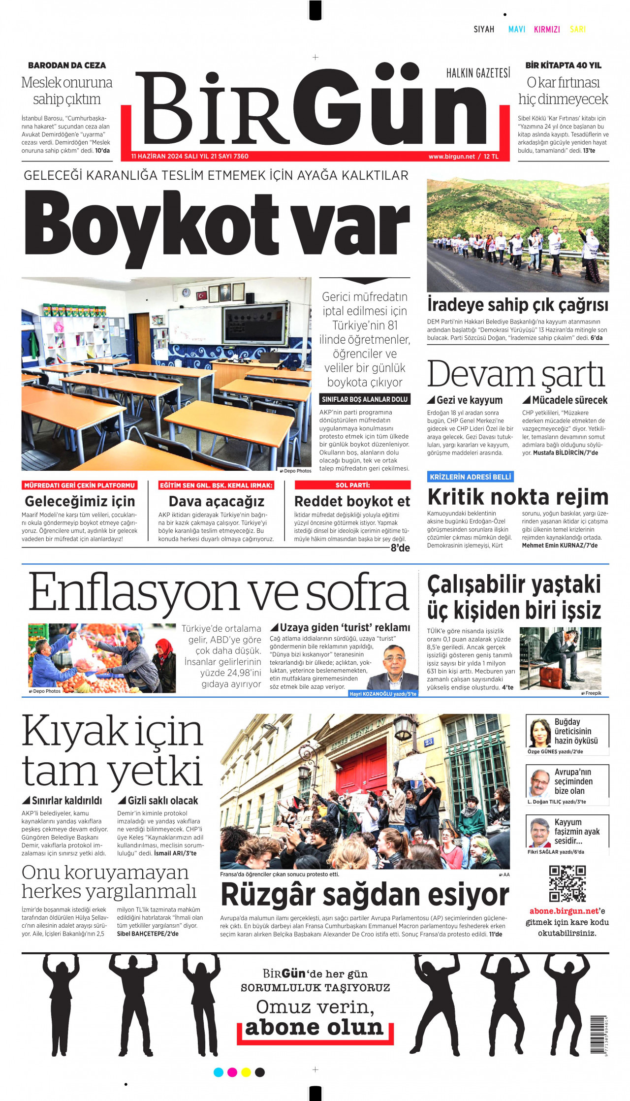BİRGÜN gazetesinin 11 Haziran 2024 tarihli birinci sayfası