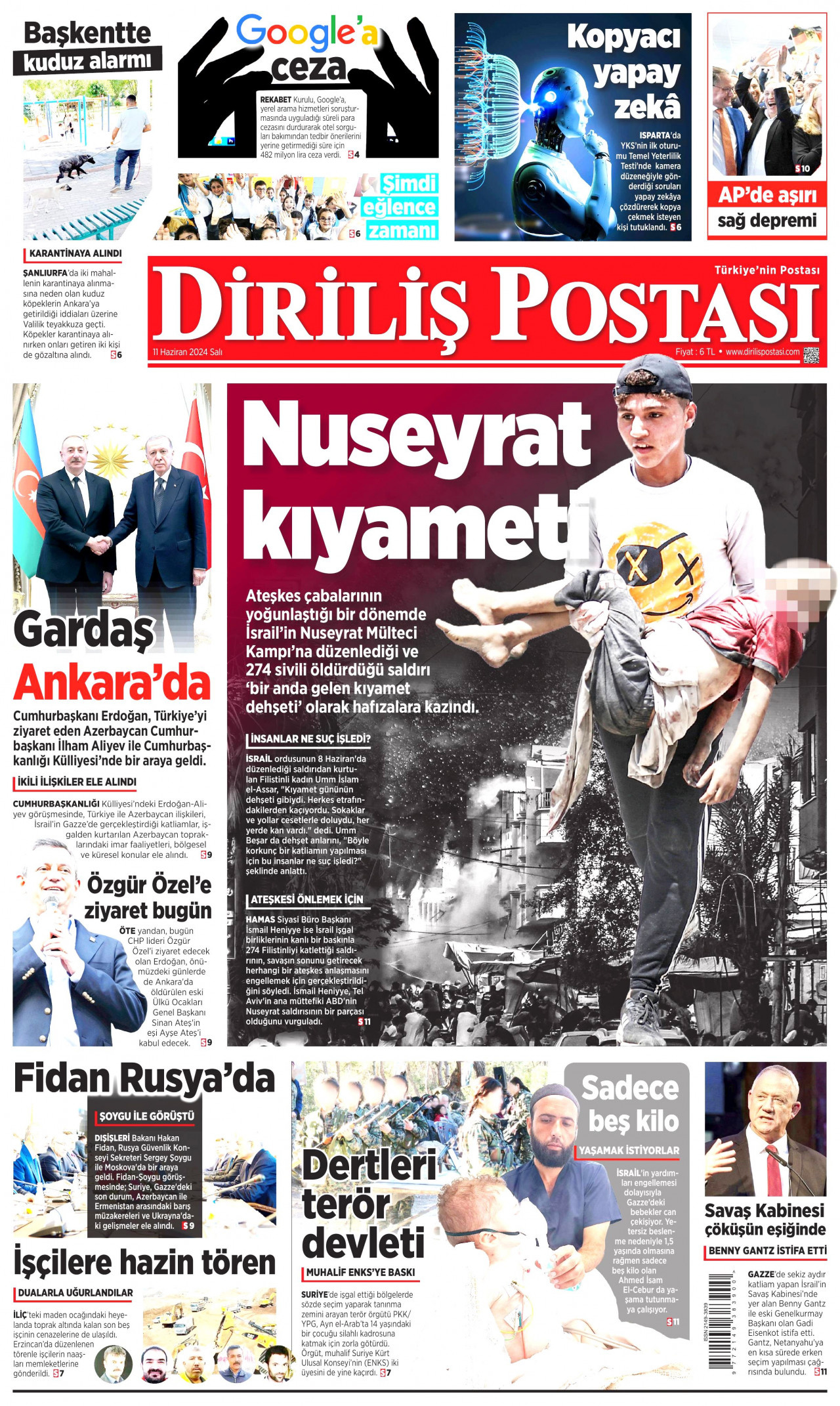 DİRİLİŞ POSTASI gazetesinin 11 Haziran 2024 tarihli birinci sayfası