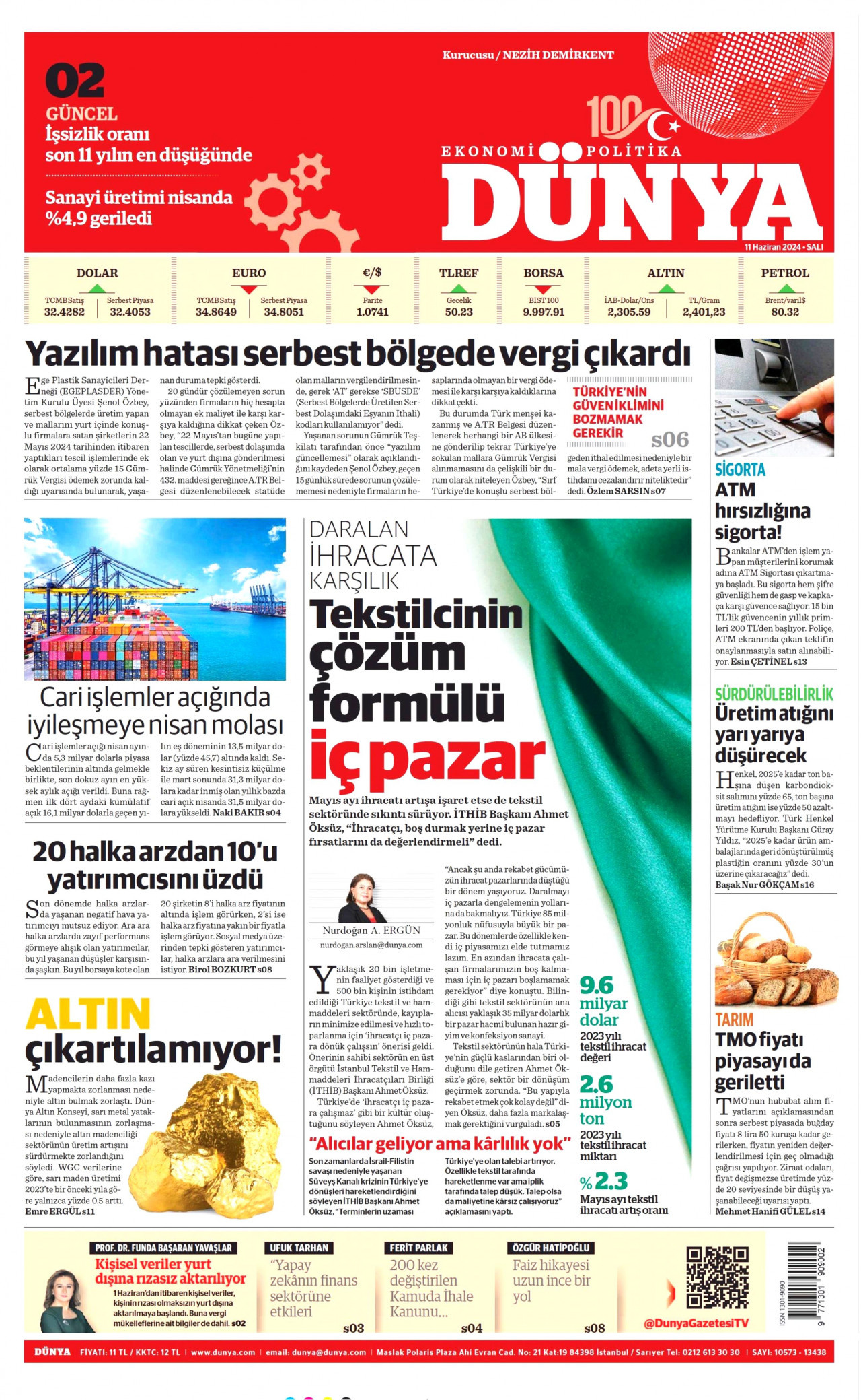 DÜNYA gazetesinin 11 Haziran 2024 tarihli birinci sayfası