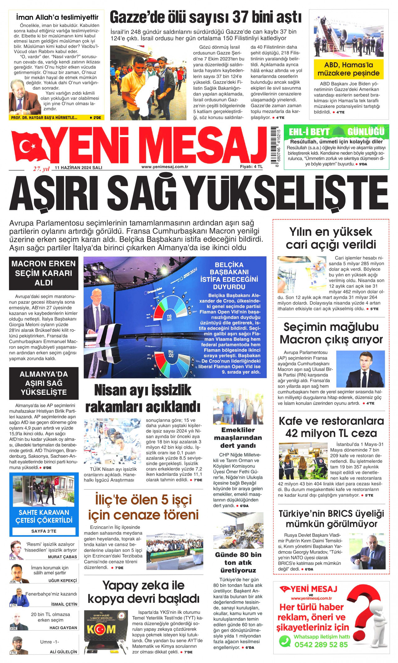 YENİ MESAJ gazetesinin 11 Haziran 2024 tarihli birinci sayfası