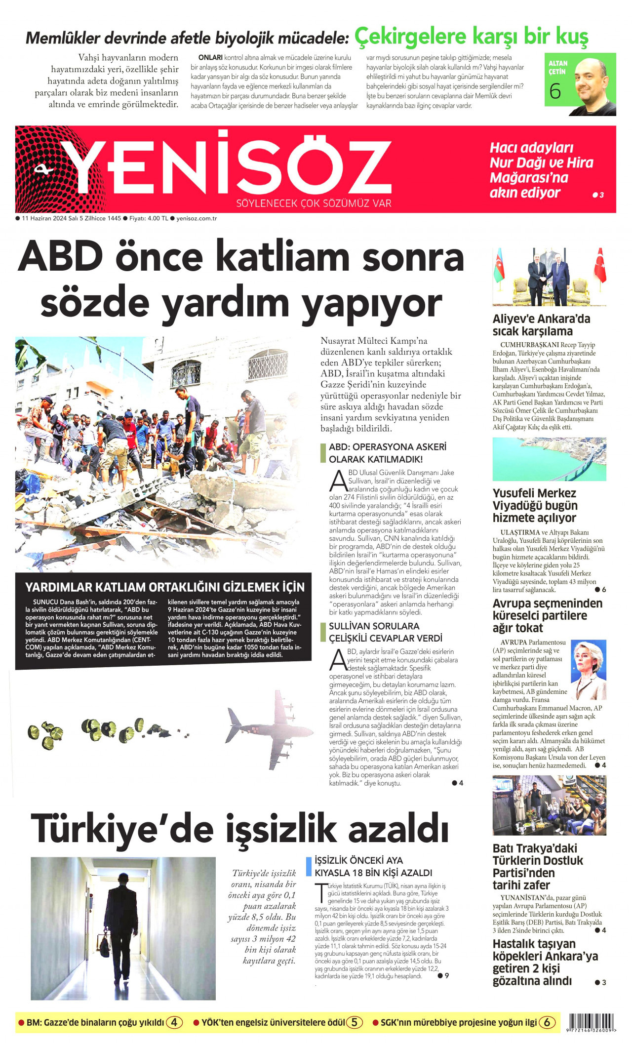 YENİ SÖZ GAZETESİ gazetesinin 11 Haziran 2024 tarihli birinci sayfası