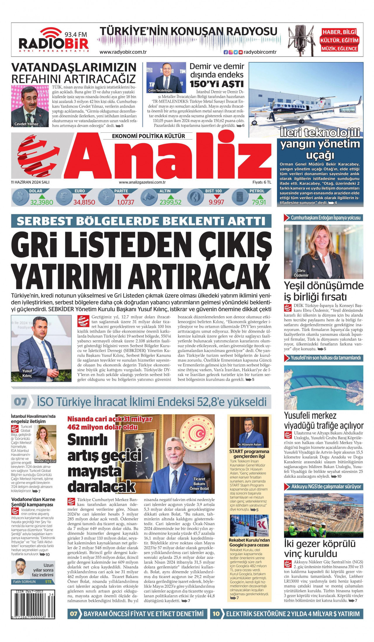 ANALİZ gazetesinin 11 Haziran 2024 tarihli birinci sayfası
