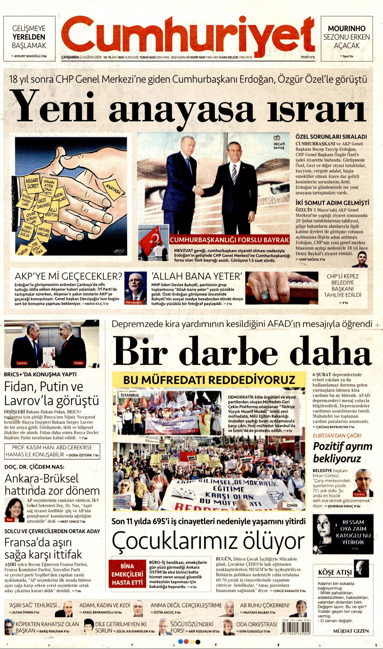CUMHURİYET gazetesinin 12 Haziran 2024 tarihli birinci sayfası