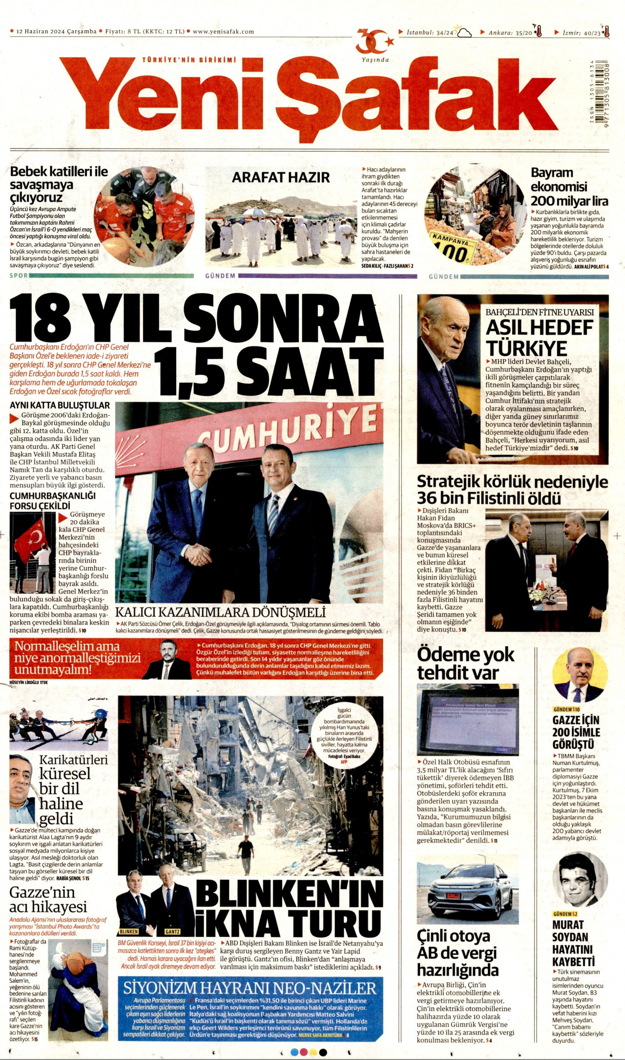YENİ ŞAFAK gazetesinin 12 Haziran 2024 tarihli birinci sayfası