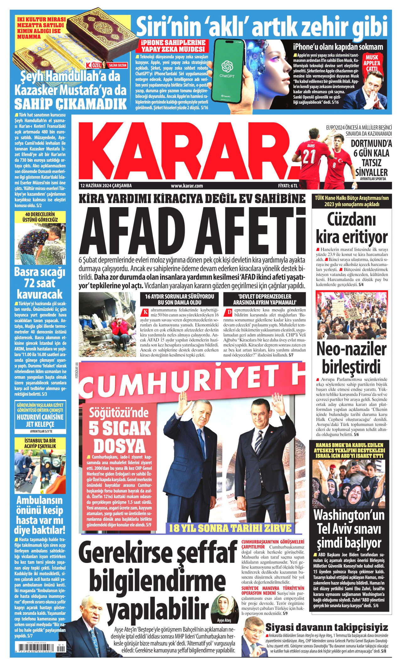 KARAR gazetesinin 12 Haziran 2024 tarihli birinci sayfası