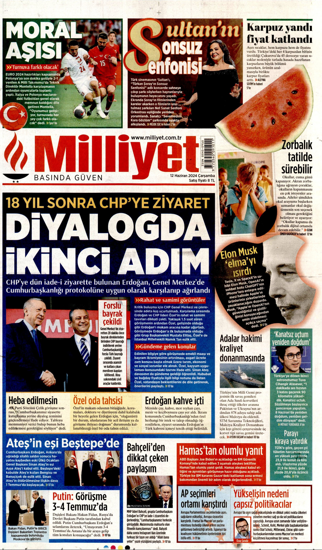 MİLLİYET gazetesinin 12 Haziran 2024 tarihli birinci sayfası