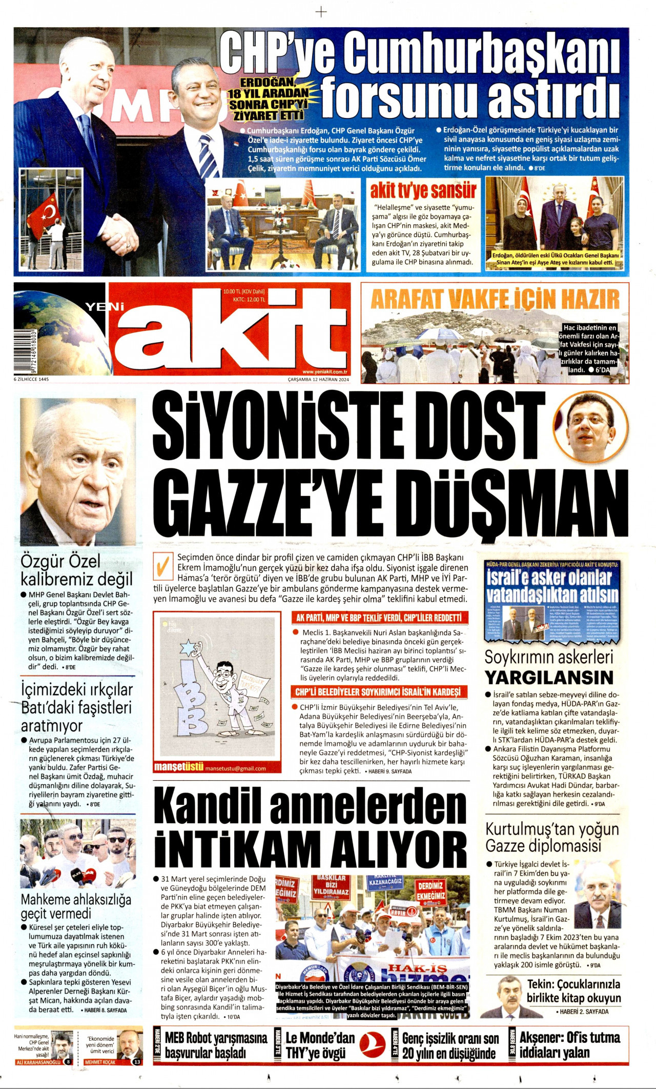 YENİ AKİT gazetesinin 12 Haziran 2024 tarihli birinci sayfası