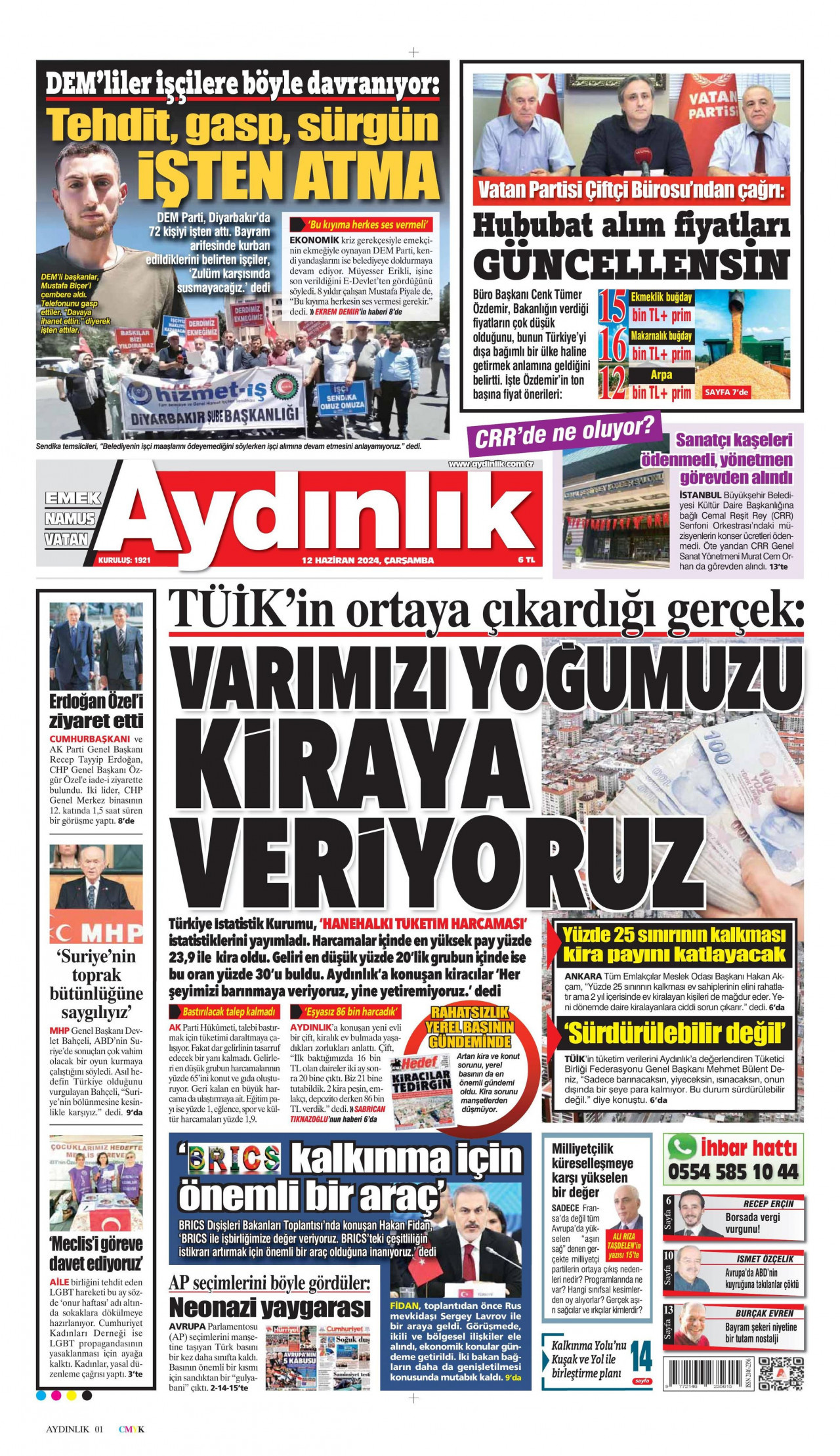 AYDINLIK GAZETESİ gazetesinin 12 Haziran 2024 tarihli birinci sayfası