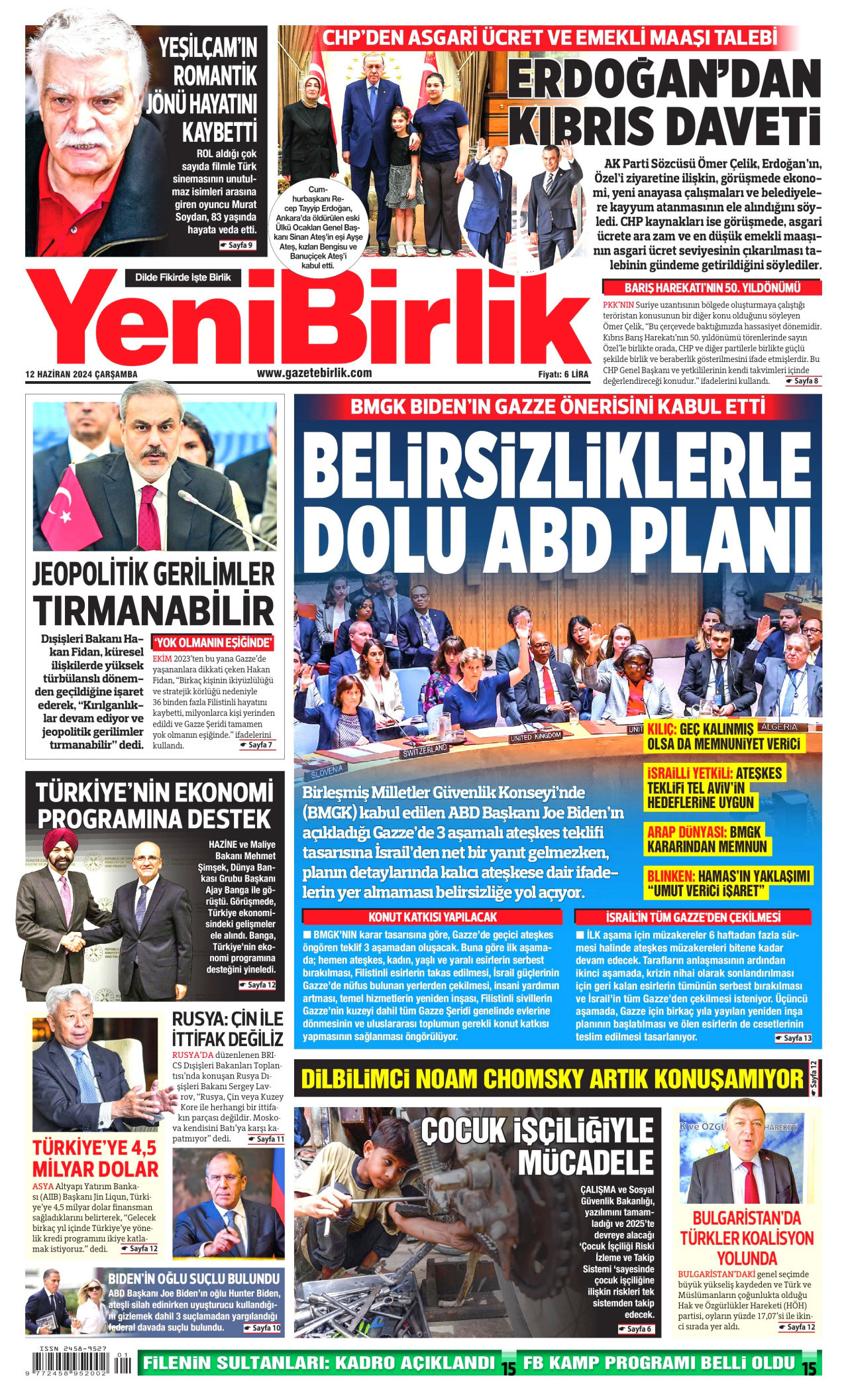 YENİBİRLİK gazetesinin 12 Haziran 2024 tarihli birinci sayfası