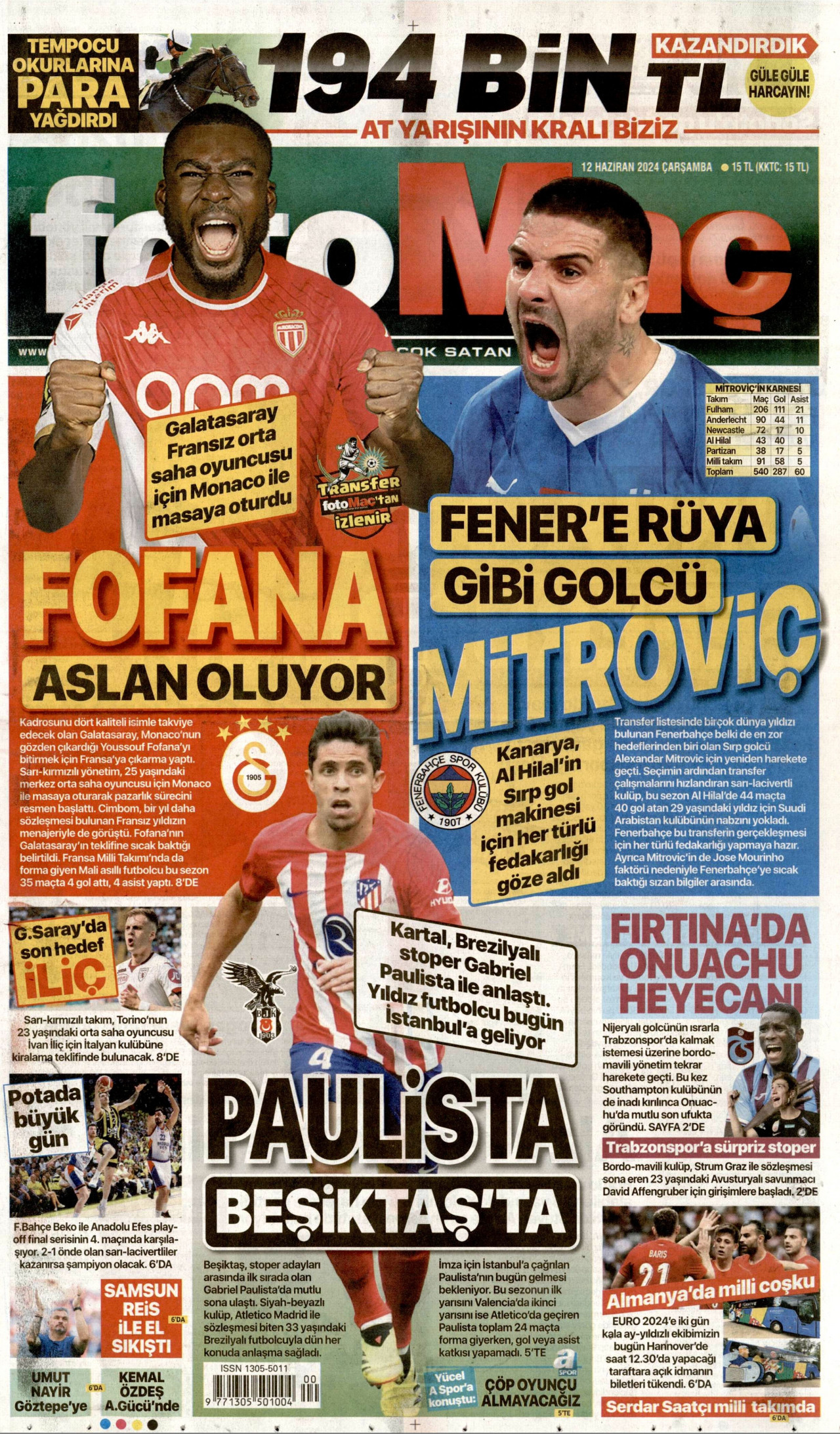 FOTOMAÇ gazetesinin 12 Haziran 2024 tarihli birinci sayfası