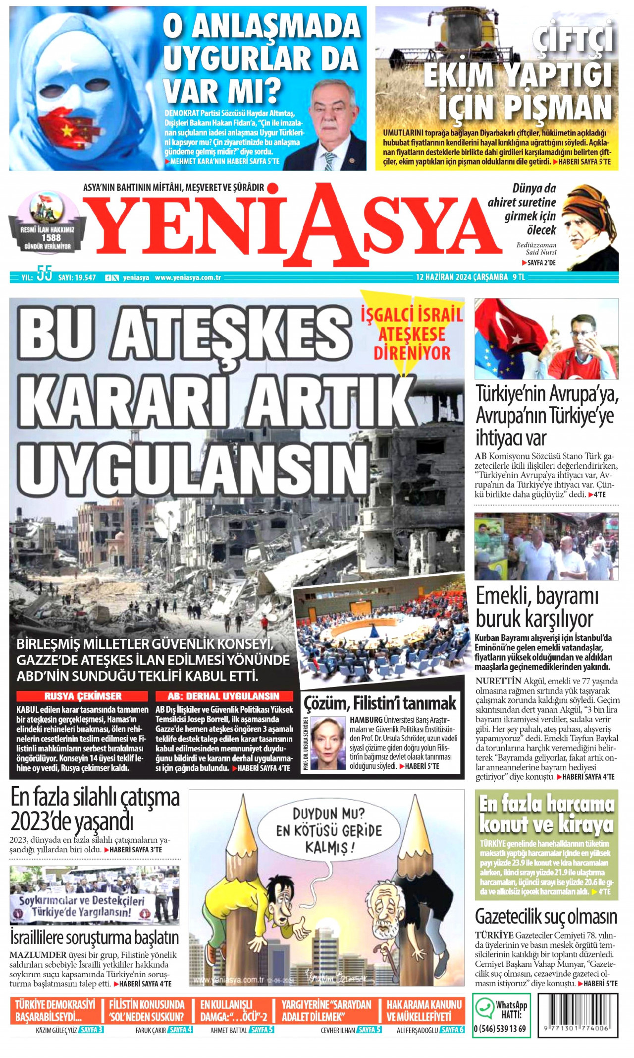 YENİ ASYA gazetesinin 12 Haziran 2024 tarihli birinci sayfası