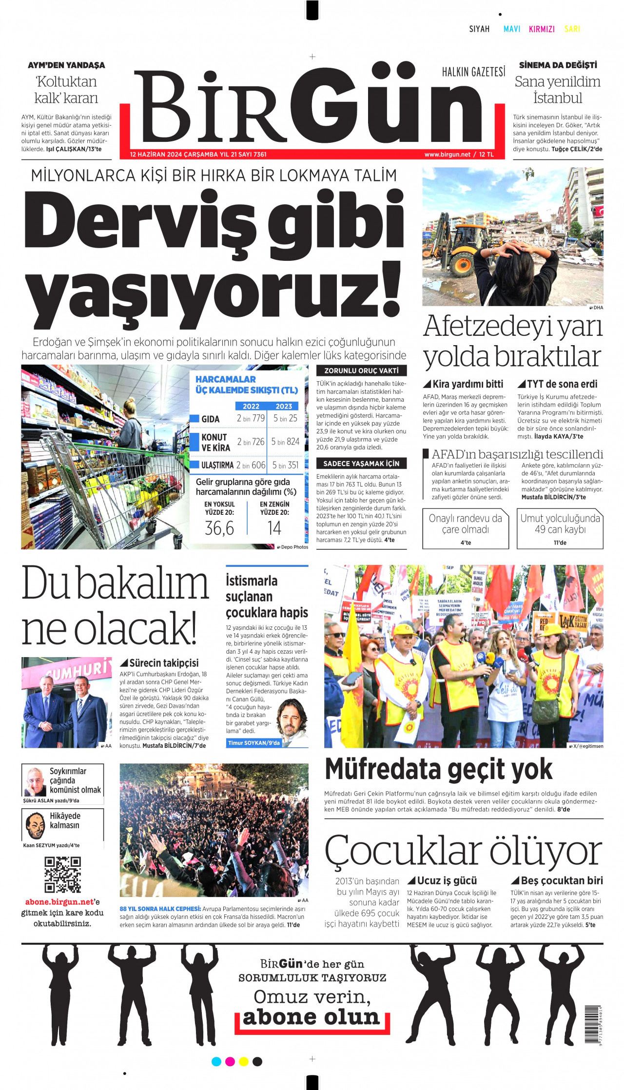BİRGÜN gazetesinin 12 Haziran 2024 tarihli birinci sayfası