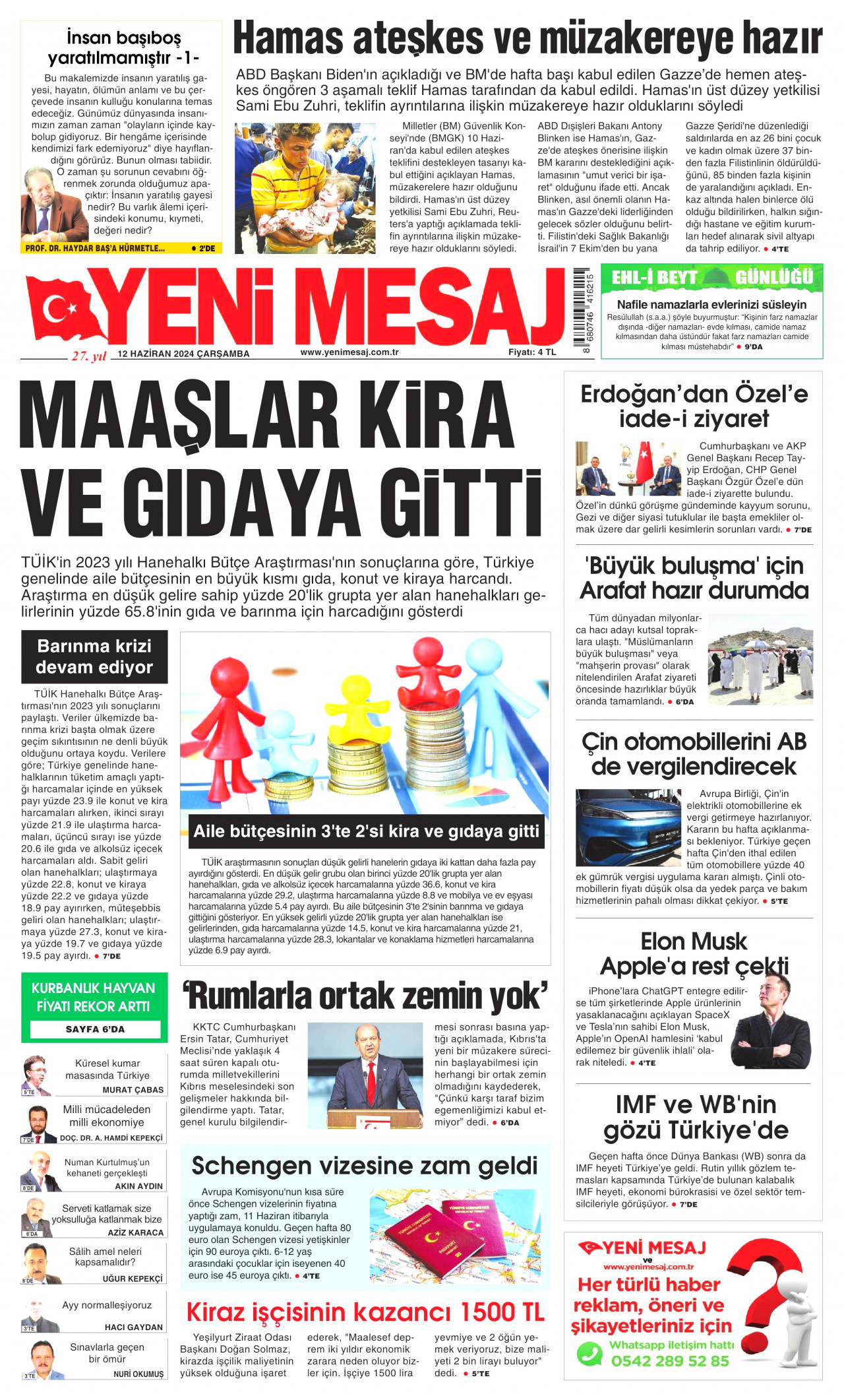 YENİ MESAJ gazetesinin 12 Haziran 2024 tarihli birinci sayfası