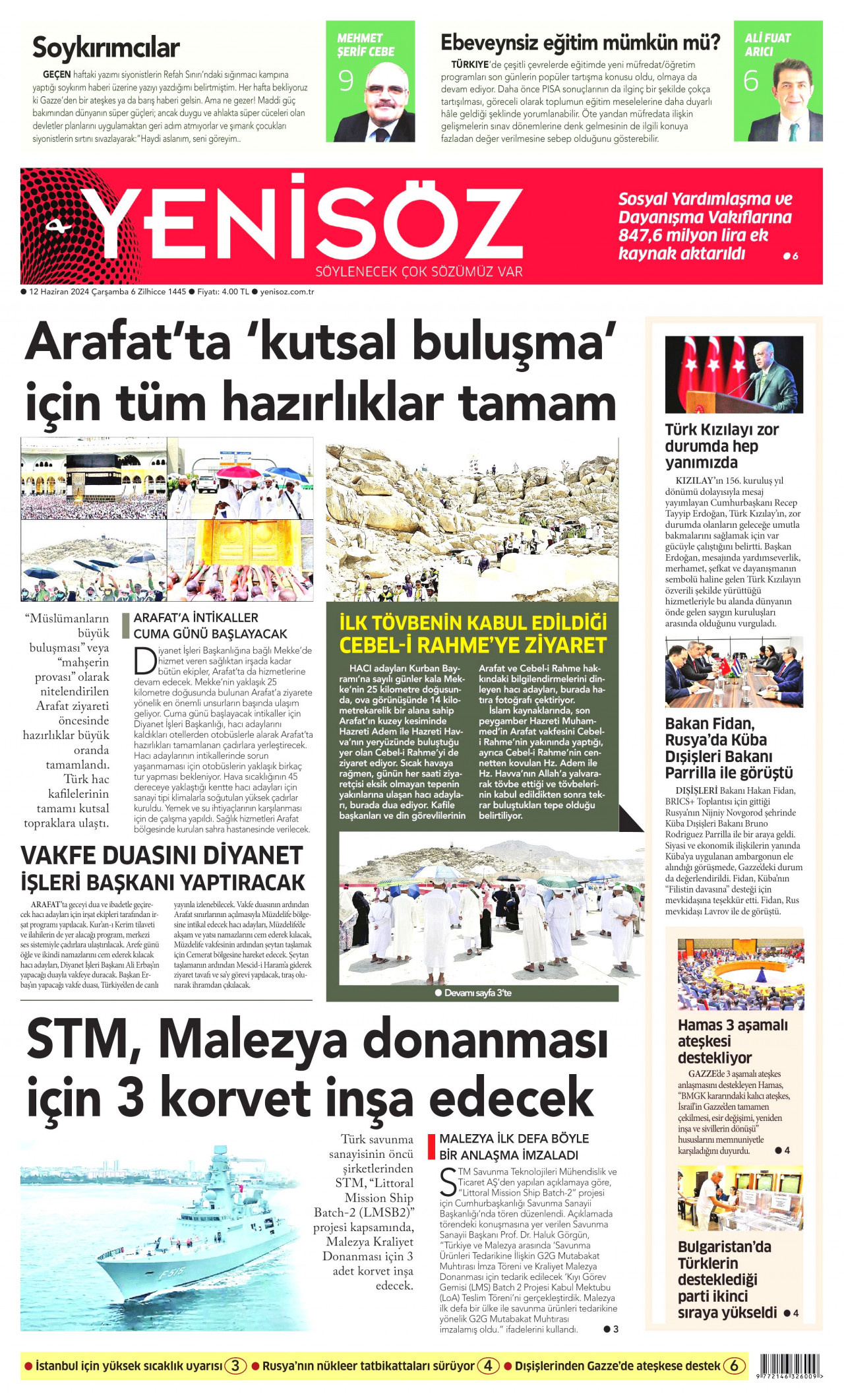 YENİ SÖZ GAZETESİ gazetesinin 12 Haziran 2024 tarihli birinci sayfası