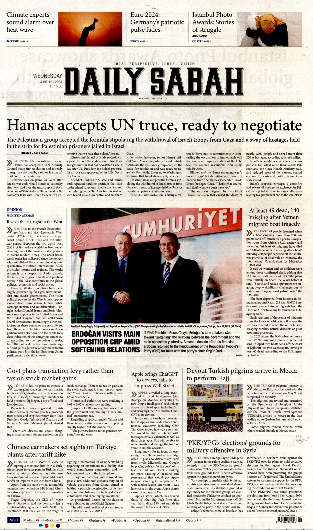 DAİLY SABAH gazetesinin 12 Haziran 2024 tarihli birinci sayfası