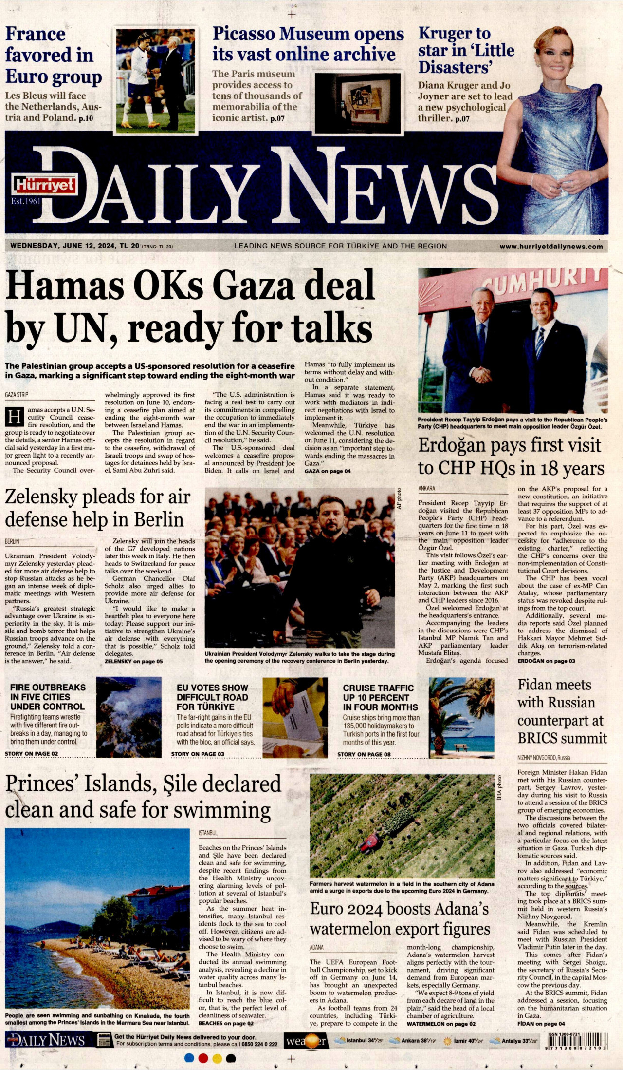HÜRRİYET DAİLY NEWS gazetesinin 12 Haziran 2024 tarihli birinci sayfası