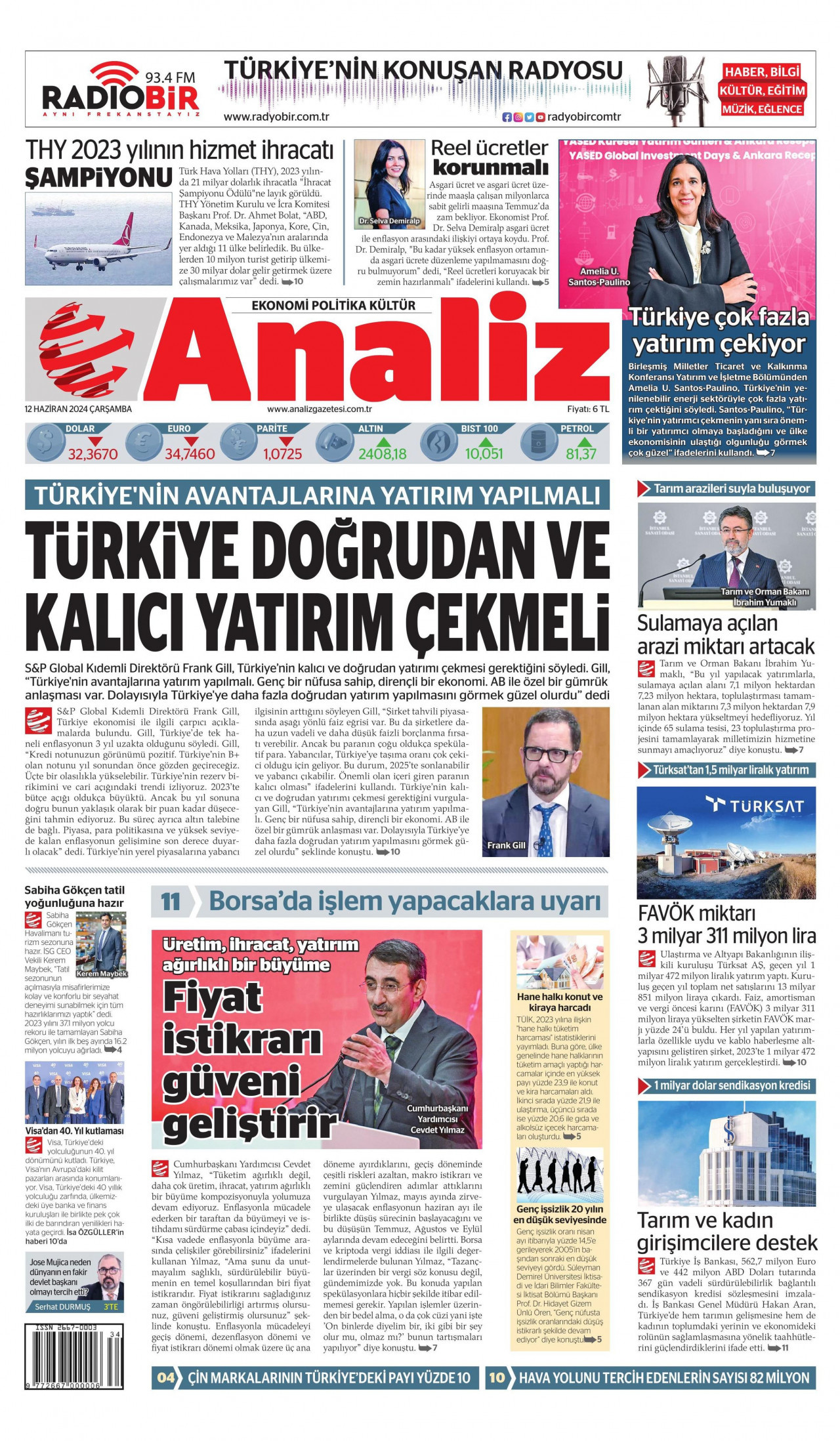 ANALİZ gazetesinin 12 Haziran 2024 tarihli birinci sayfası