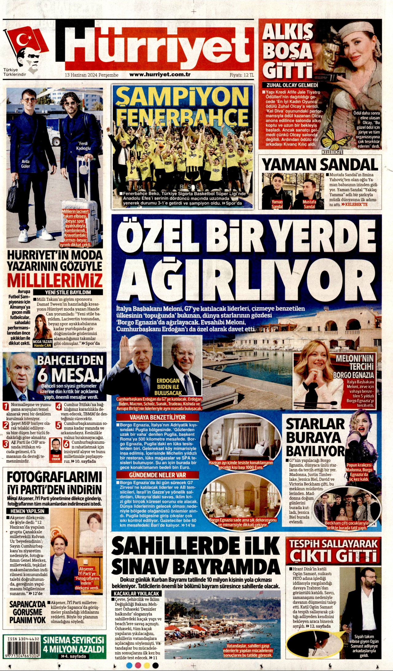 HÜRRİYET gazetesinin 13 Haziran 2024 tarihli birinci sayfası