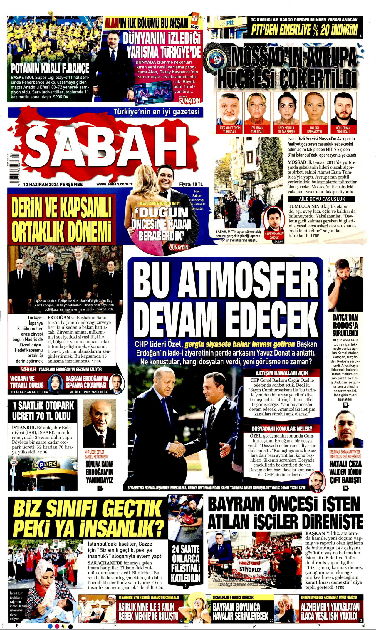 SABAH gazetesinin 13 Haziran 2024 tarihli birinci sayfası